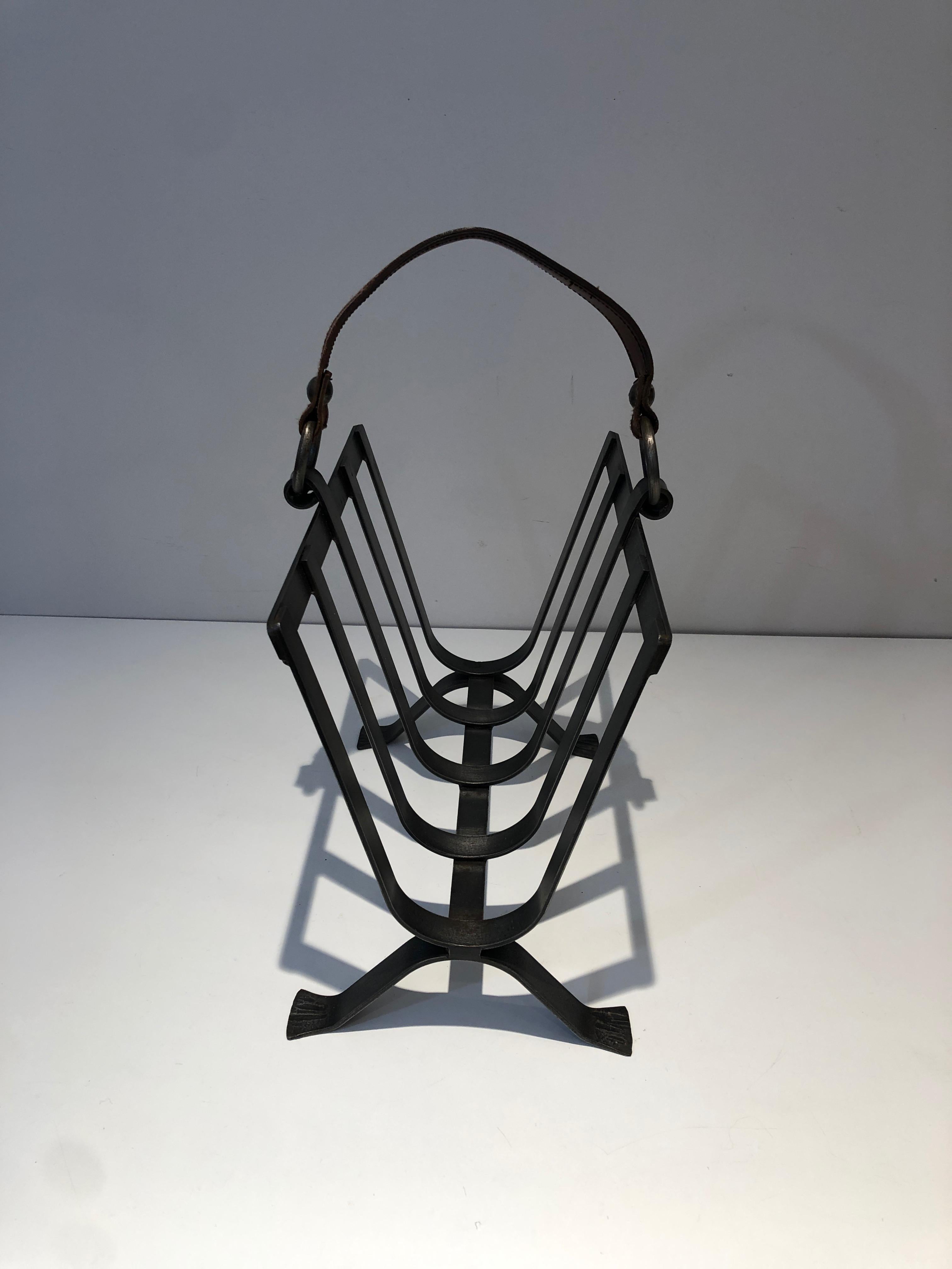 Steel and Leather Magazine Rack, French Work in the Style of Jacques Adnet For Sale 10