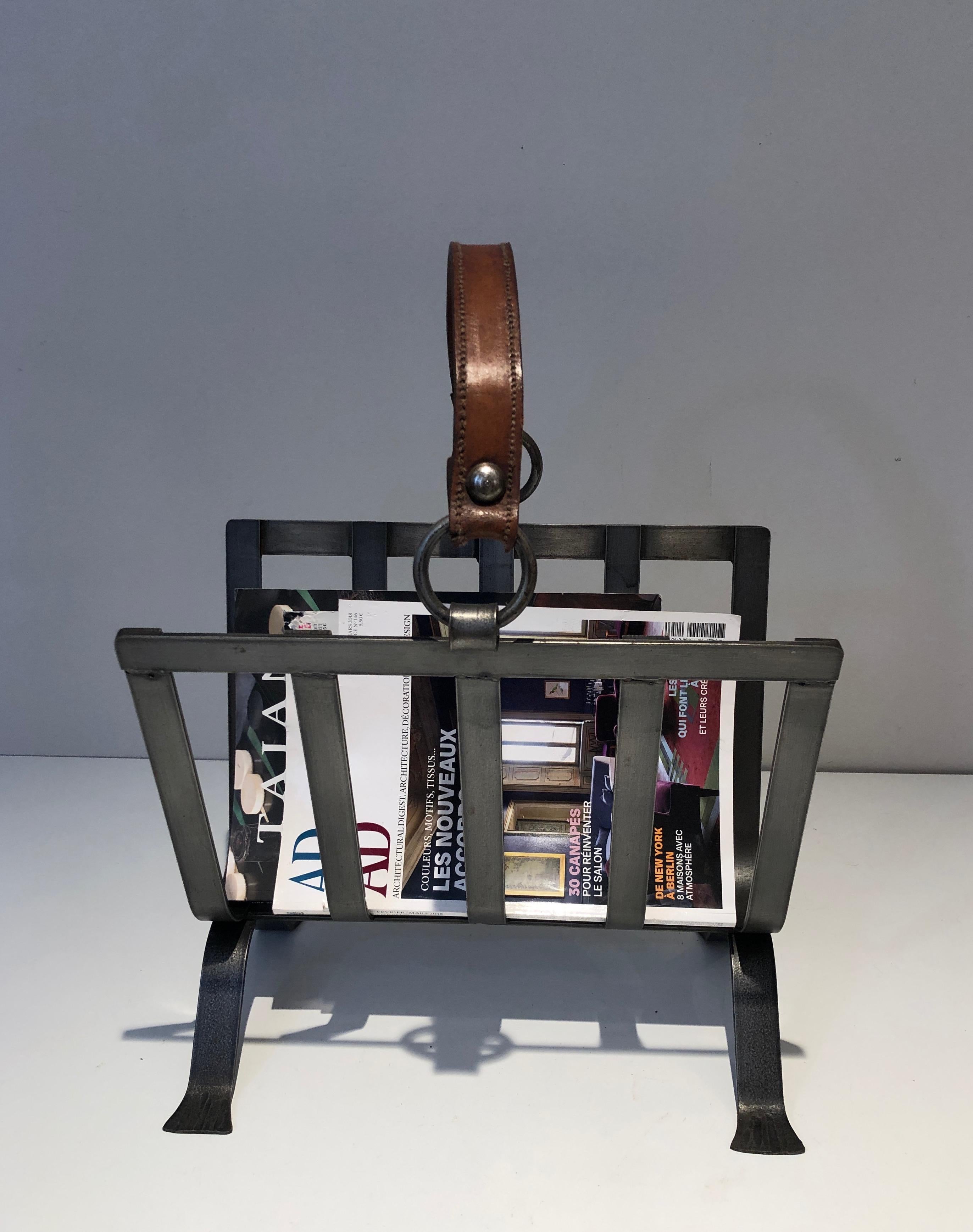 Mid-Century Modern Steel and Leather Magazine Rack, French Work in the Style of Jacques Adnet For Sale