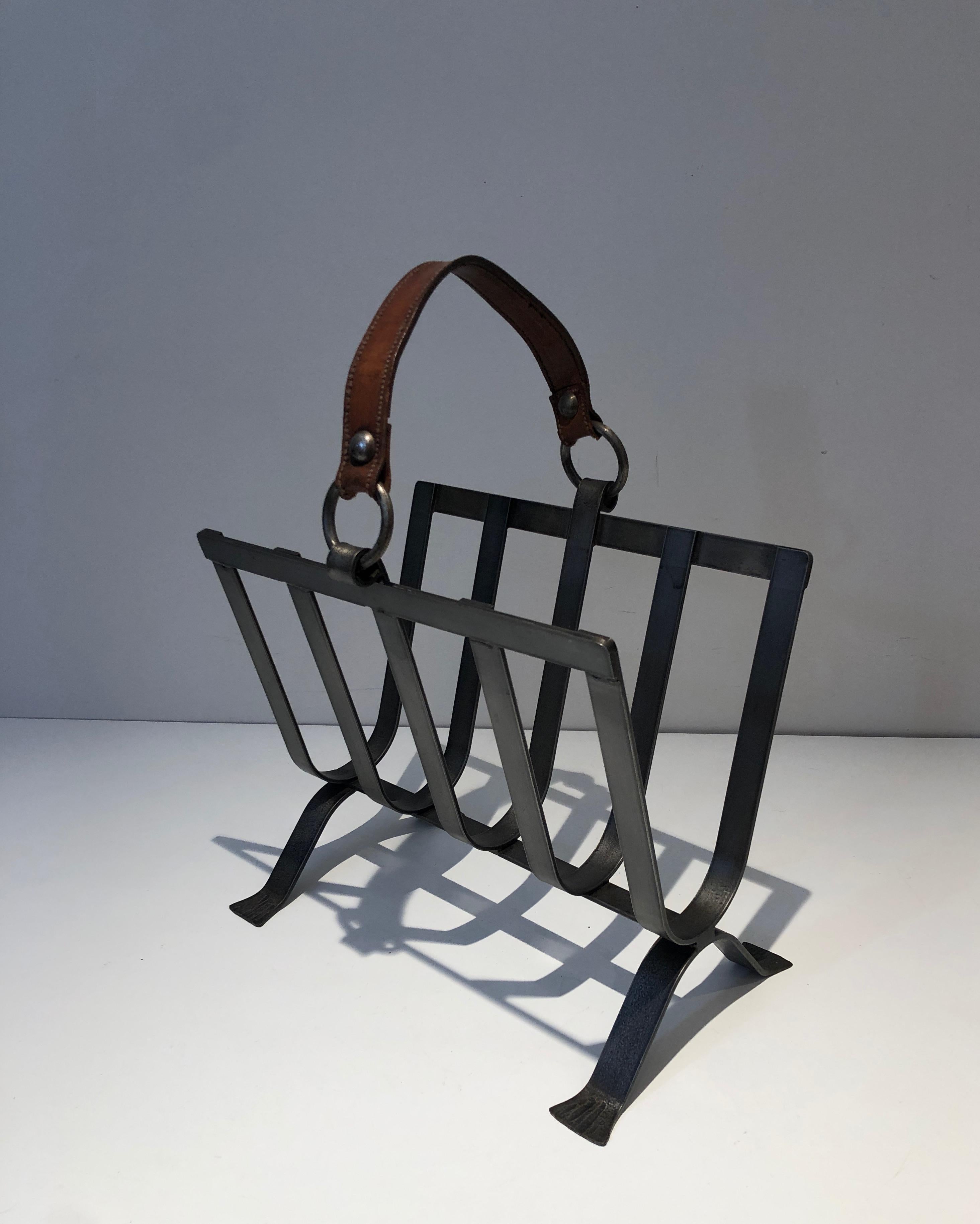 Mid-20th Century Steel and Leather Magazine Rack, French Work in the Style of Jacques Adnet For Sale