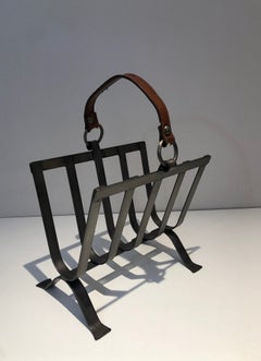 Used Steel and Leather Magazine Rack, French Work in the Style of Jacques Adnet