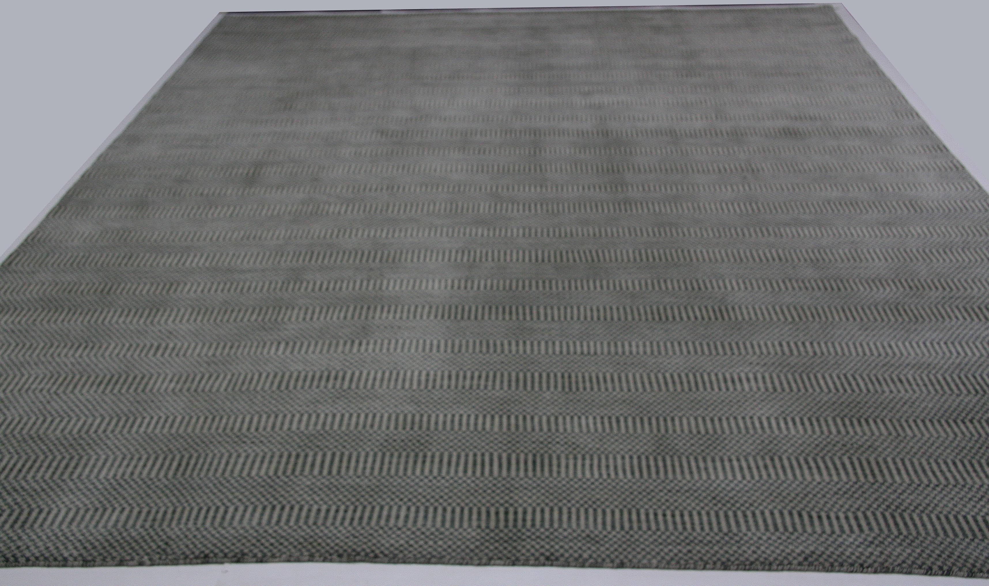 Hand-Knotted Steel and Silver Stripes and Checks Area Rug For Sale
