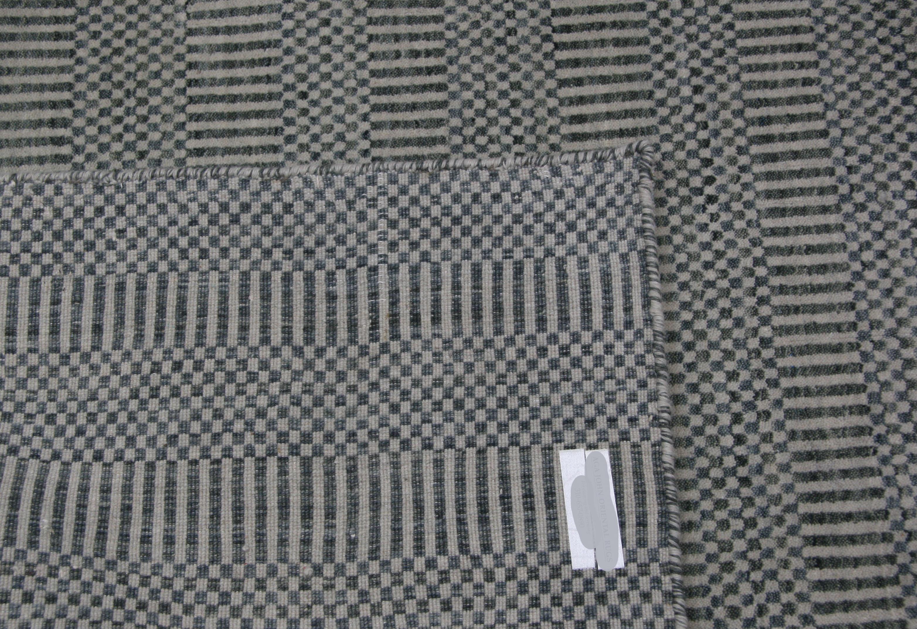 Steel and Silver Stripes and Checks Area Rug In New Condition For Sale In Los Angeles, CA
