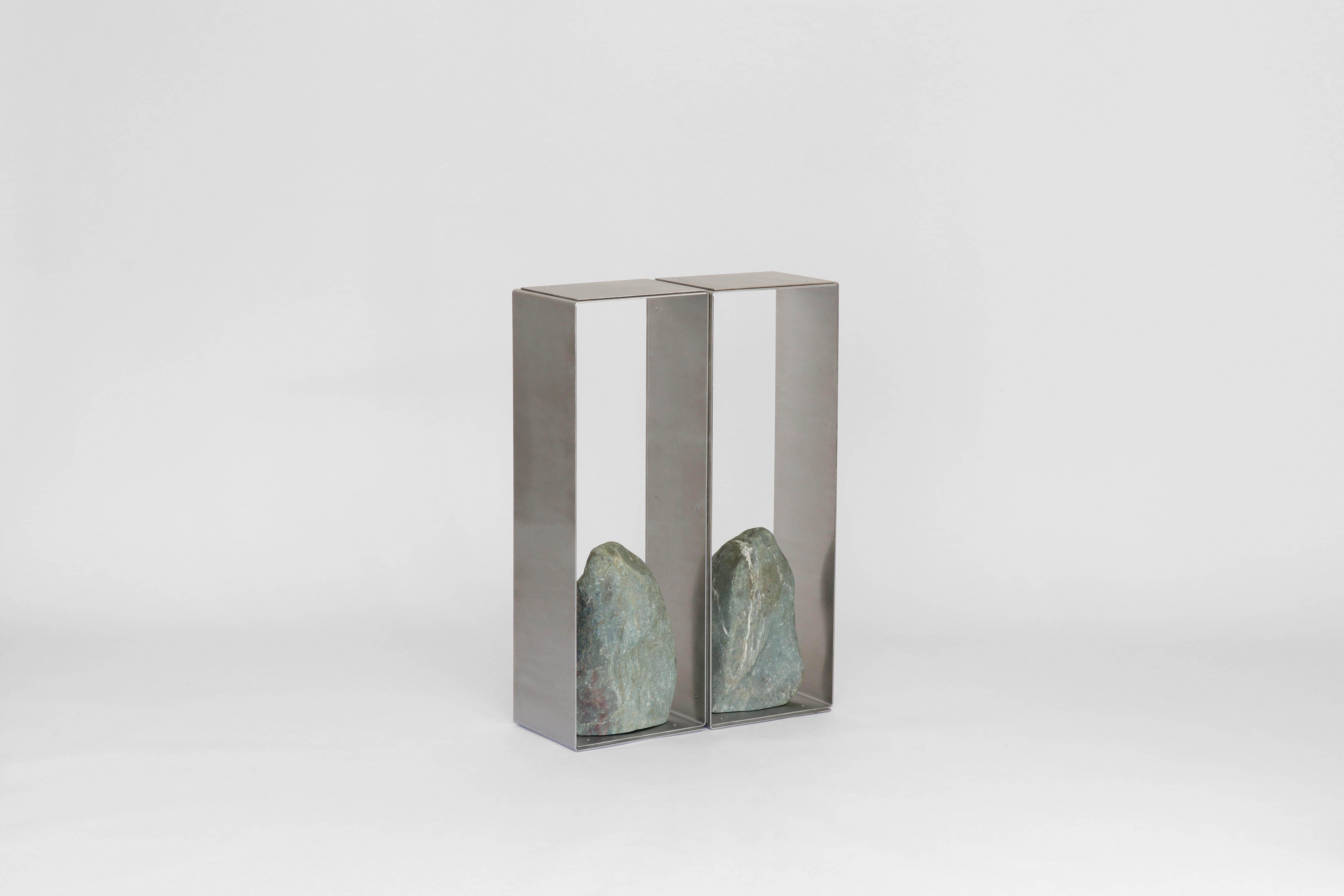 Steel and stone console table by Batten and Kamp
2020
Shelter To Ground Collection
Dimensions: 50 W x 20 D x 71 cm H
 Two sections - more can be added to
Materials: Hand finished stainless steel. Natural Stone

The stone is different with each piece