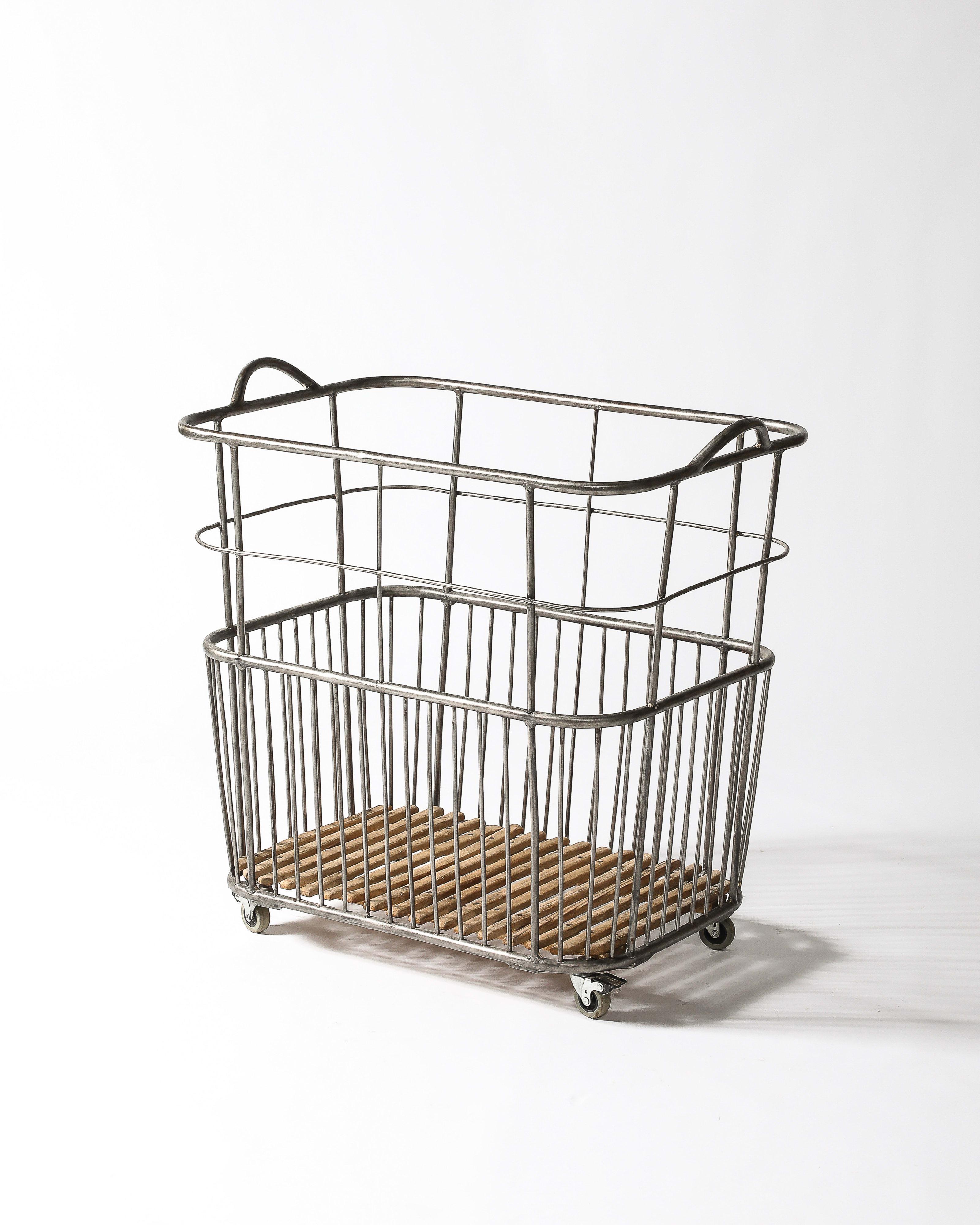 French Steel and Wood Industrial Cart/Rolling Basket France, c. 1950 For Sale