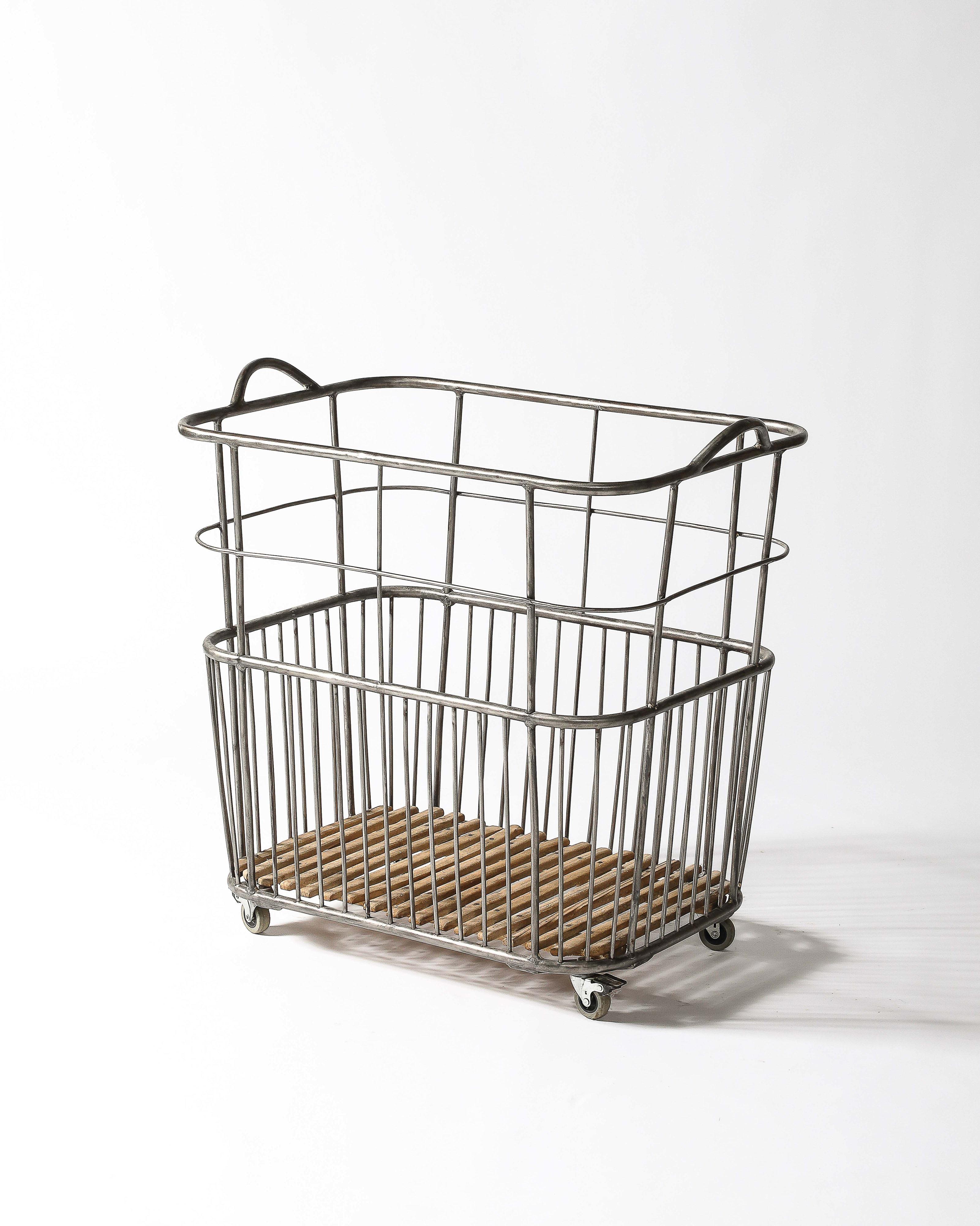 Steel and Wood Industrial Cart/Rolling Basket France, c. 1950 In Good Condition For Sale In New York City, NY