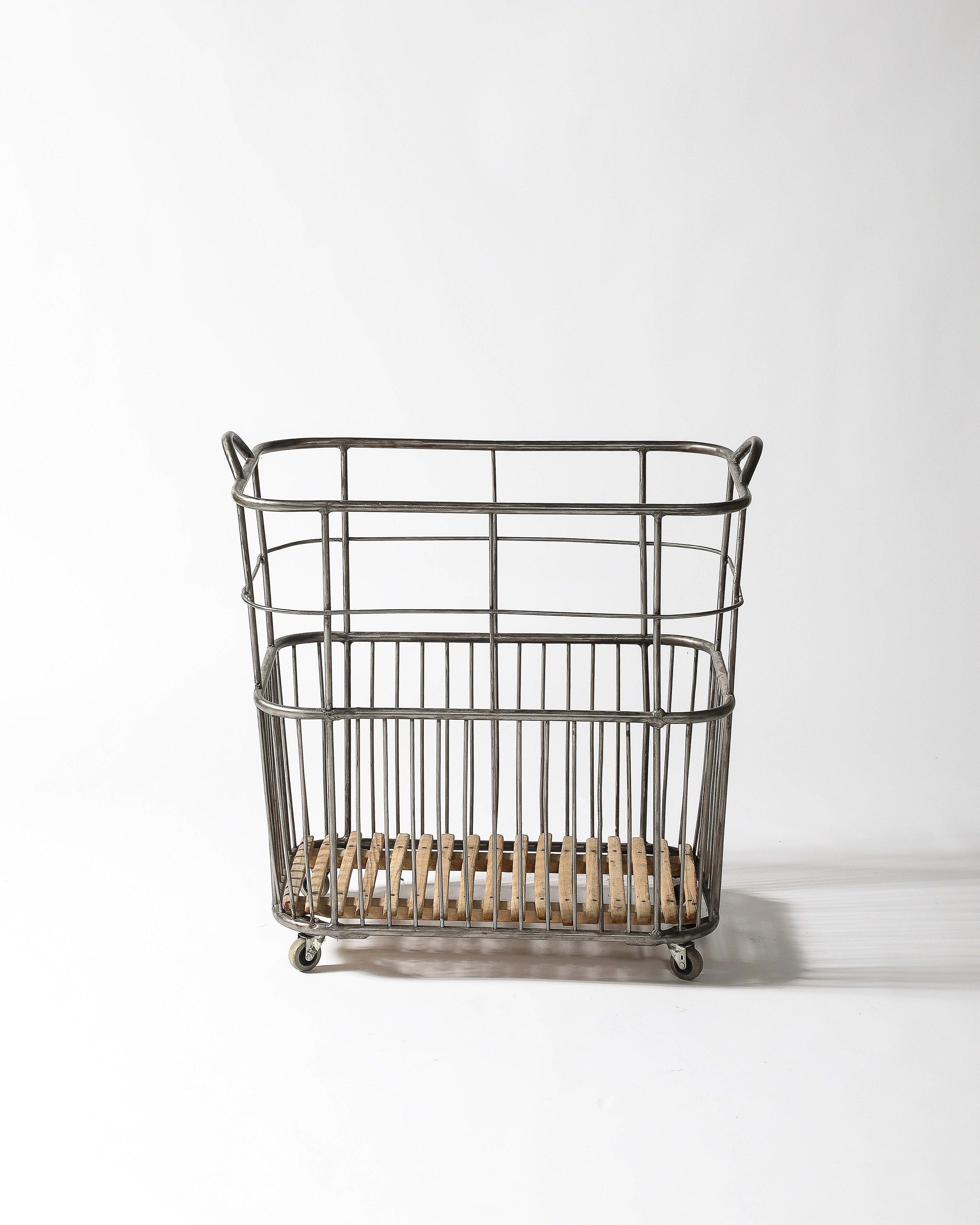 20th Century Steel and Wood Industrial Cart/Rolling Basket France, c. 1950 For Sale