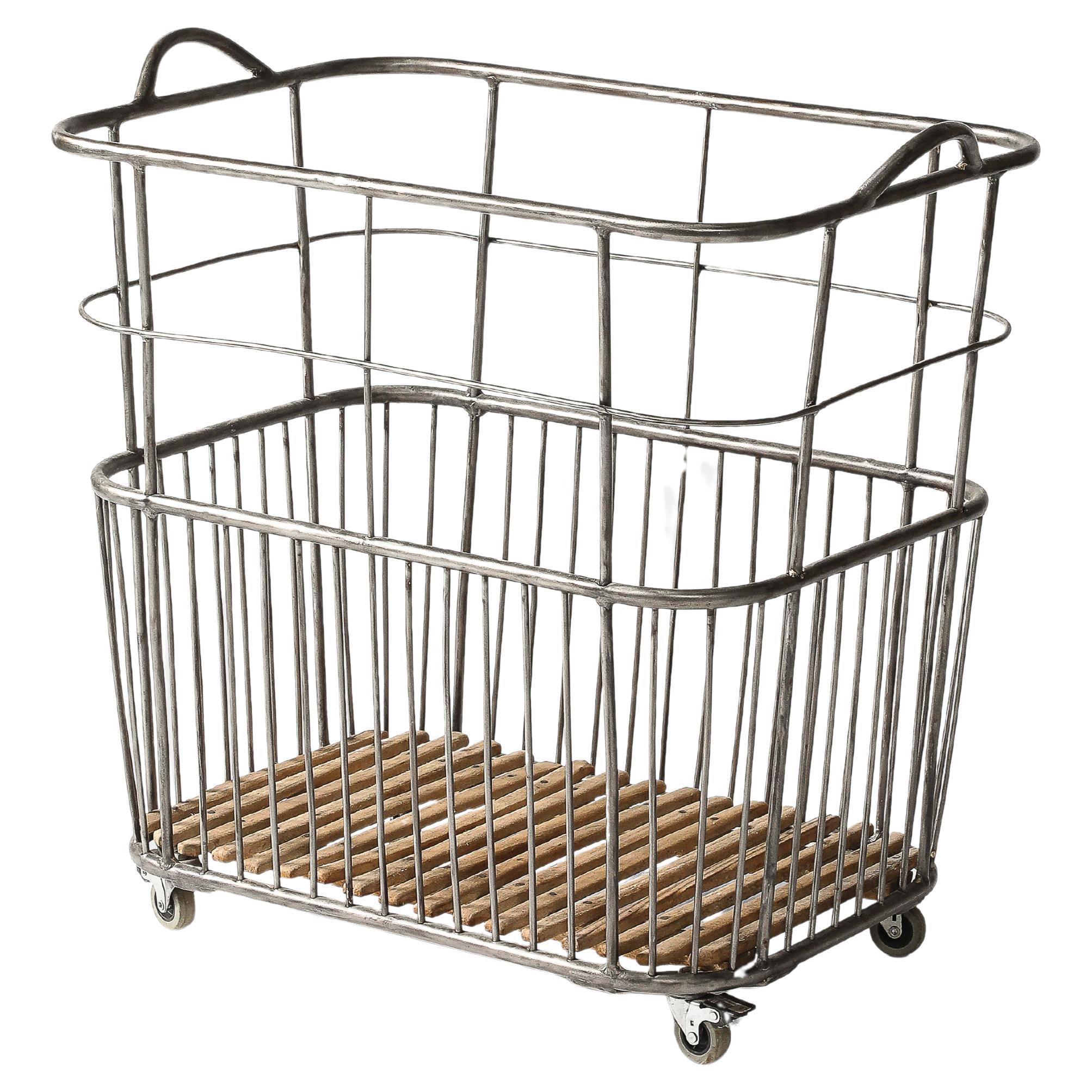 Steel and Wood Industrial Cart/Rolling Basket France, c. 1950 For Sale