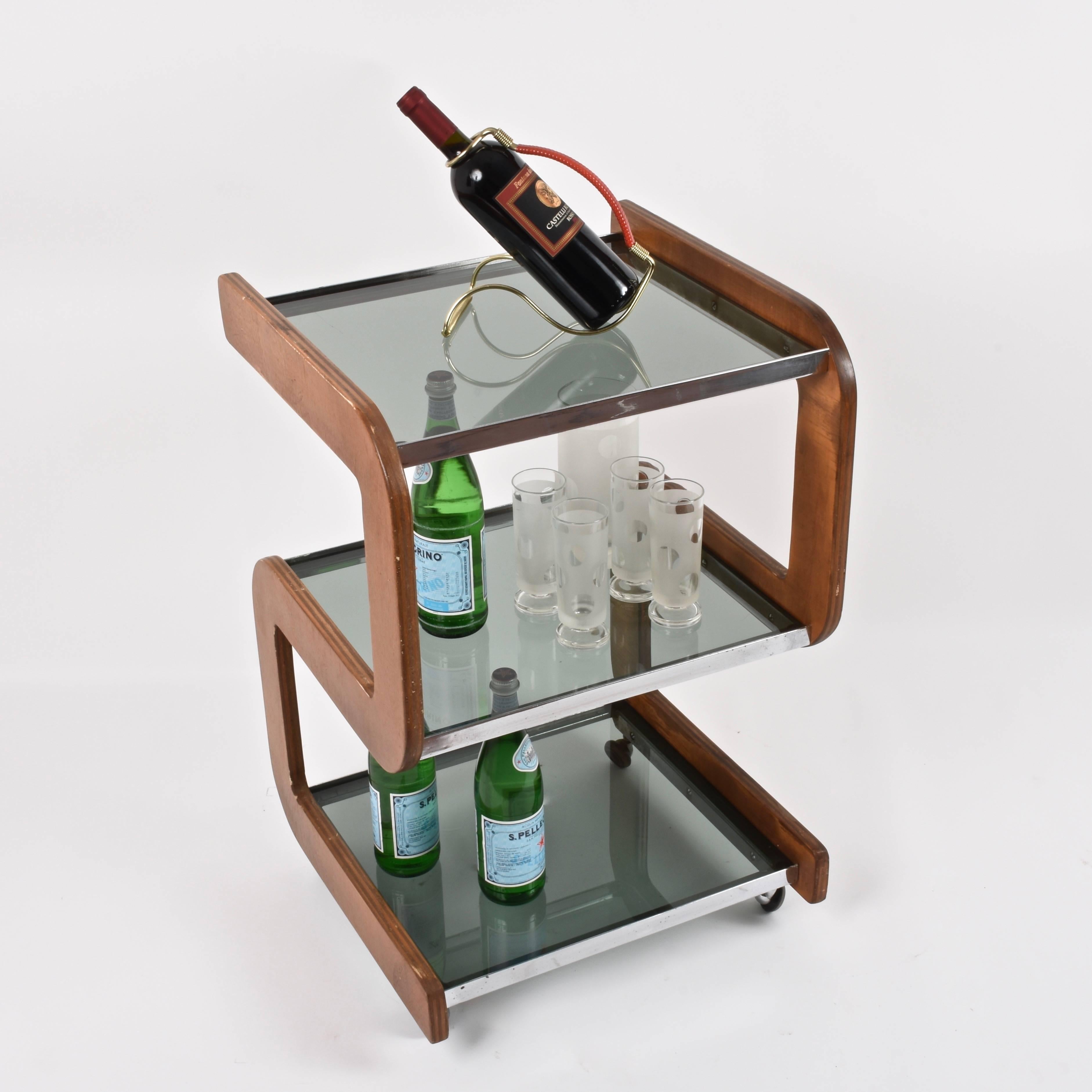 Steel and Wood Italian Bar Trolley with Three Smoked Glass Shelves, 1970s 5