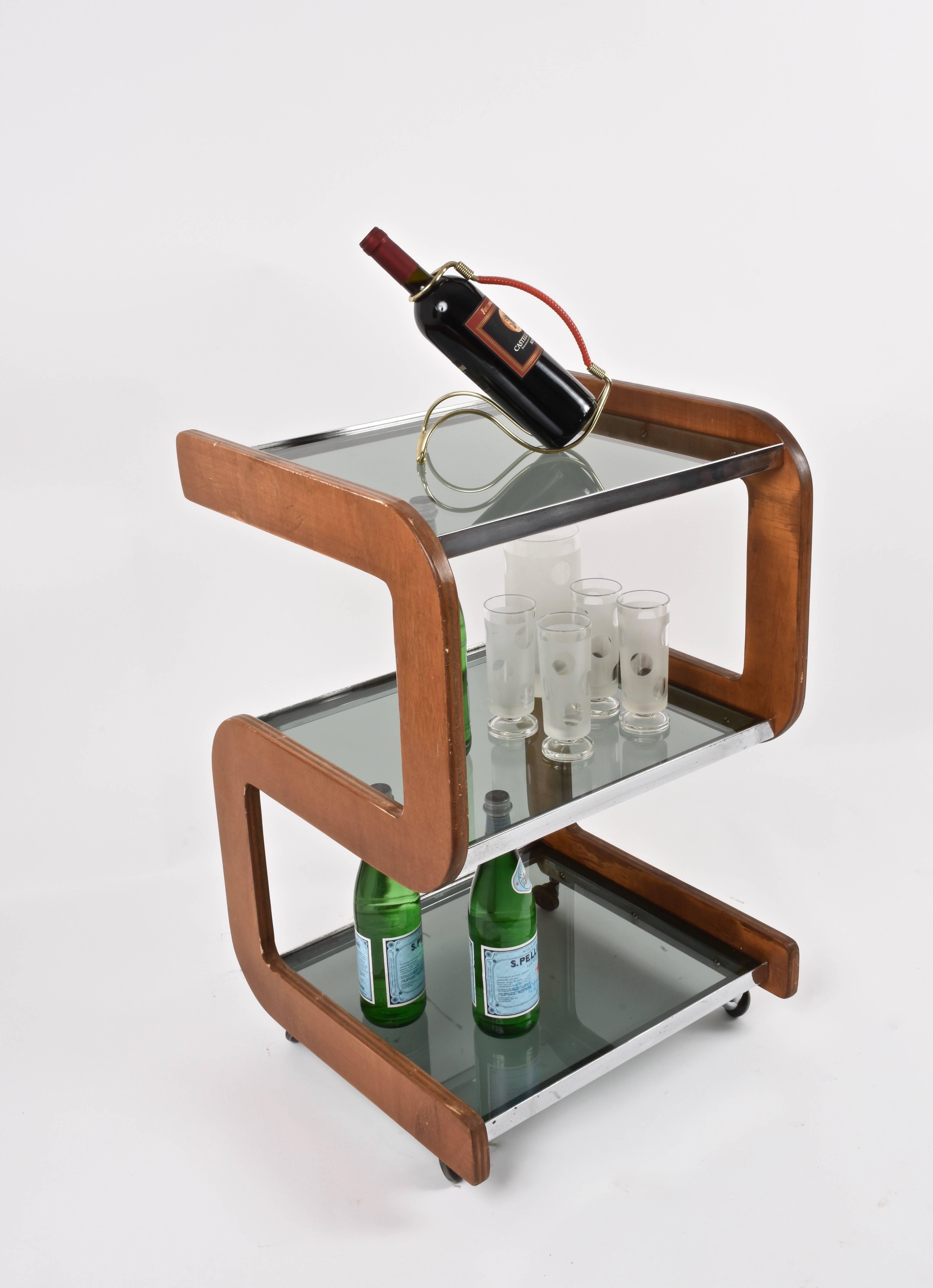 Steel and Wood Italian Bar Trolley with Three Smoked Glass Shelves, 1970s 6
