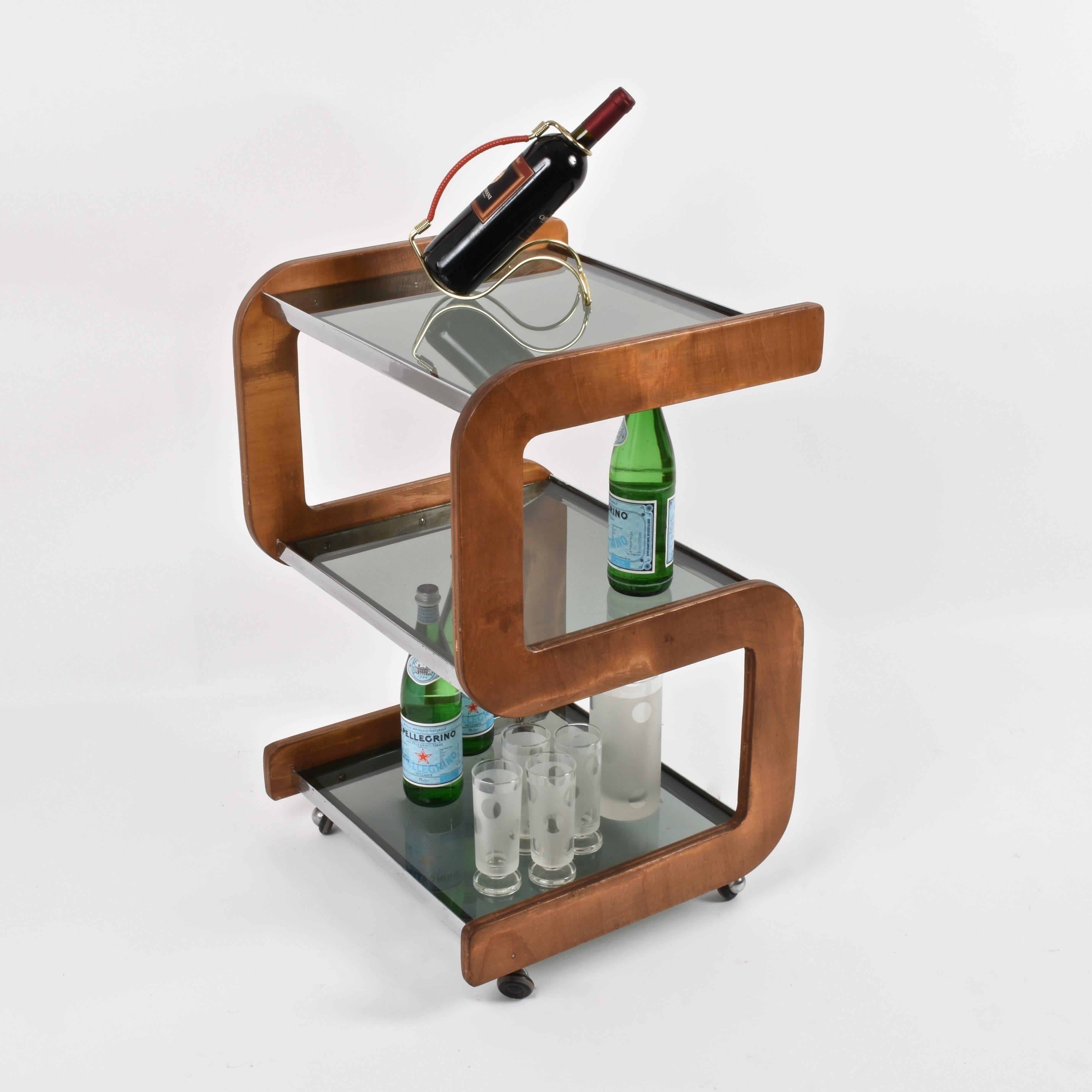 Steel and Wood Italian Bar Trolley with Three Smoked Glass Shelves, 1970s 7