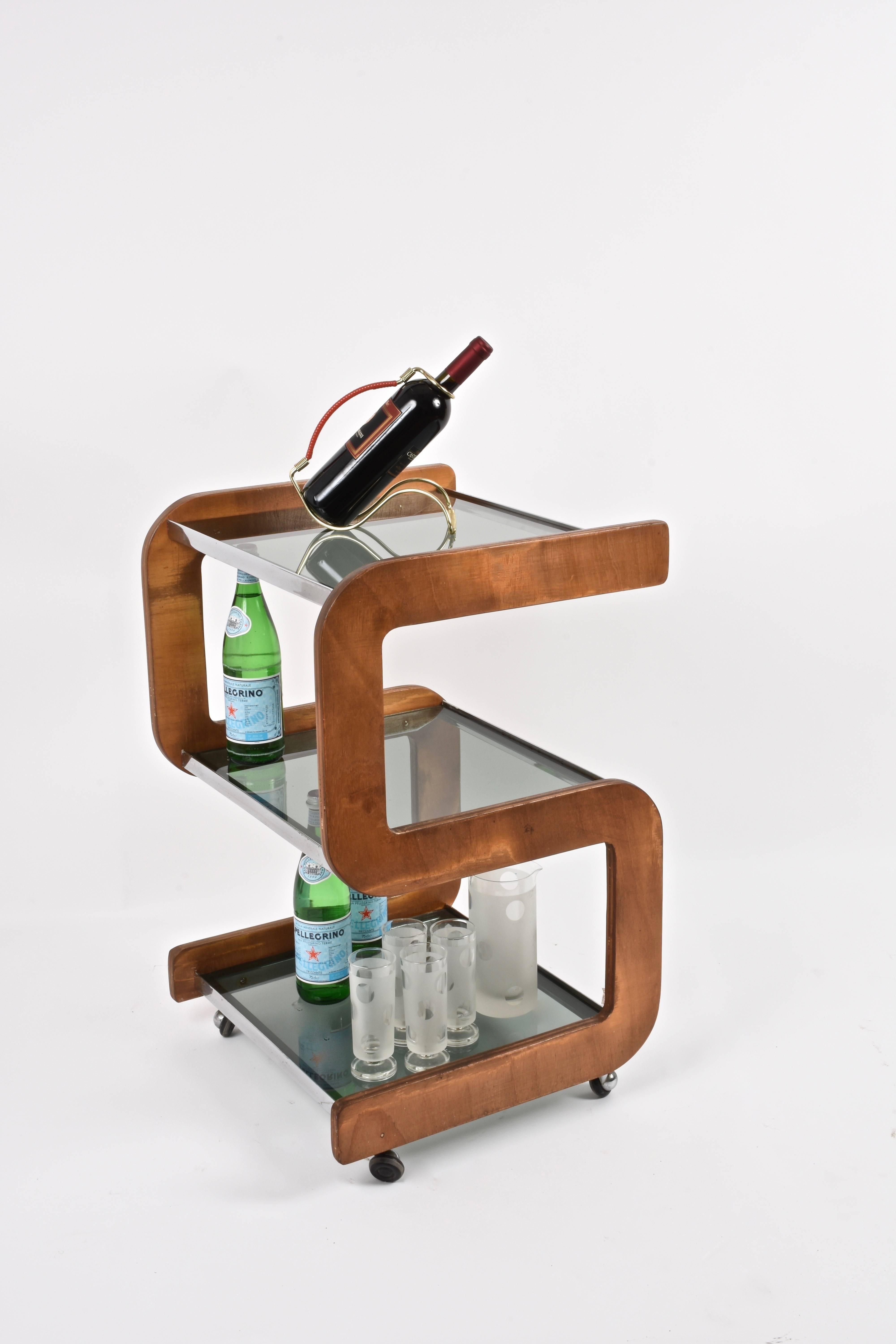 Steel and Wood Italian Bar Trolley with Three Smoked Glass Shelves, 1970s 9