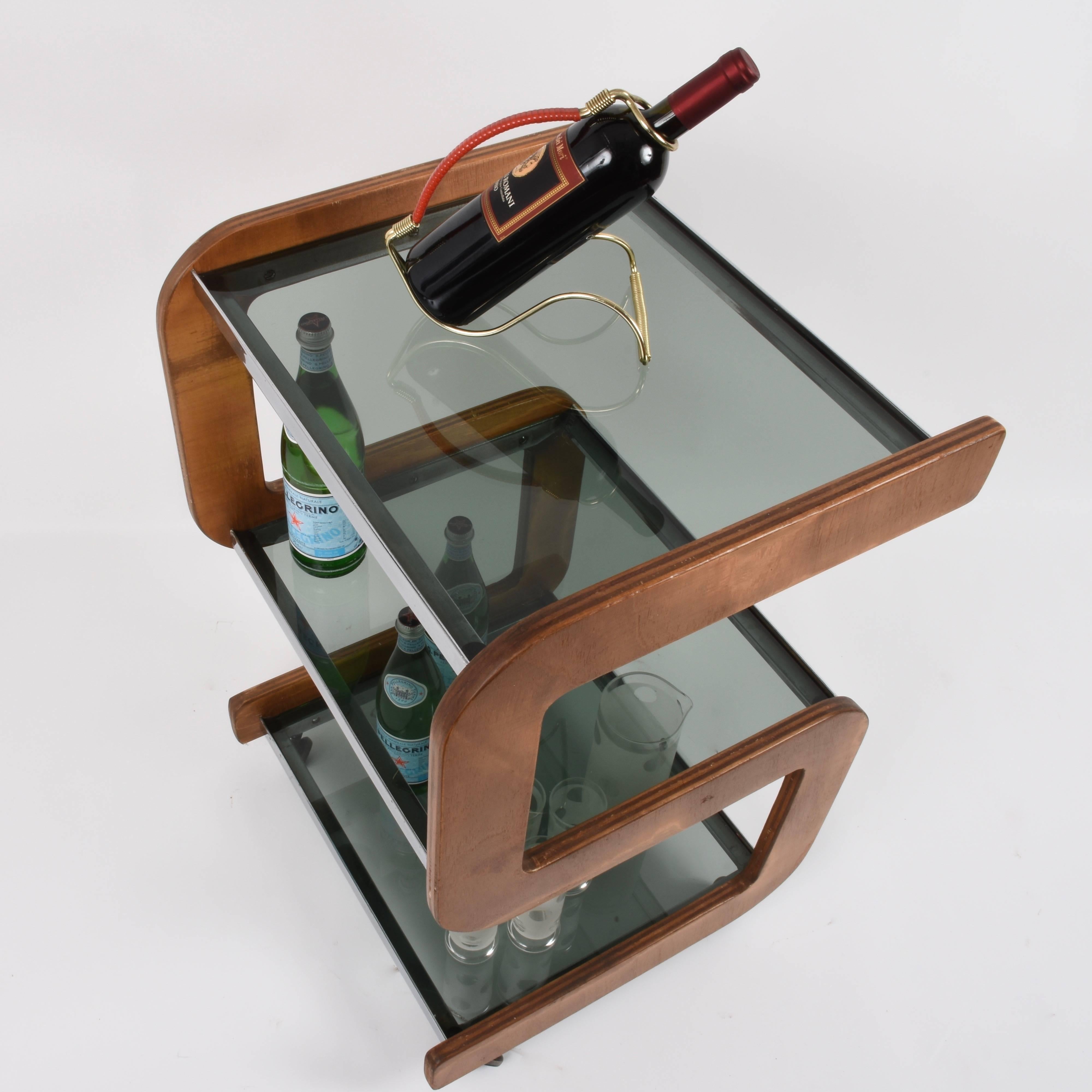 Steel and Wood Italian Bar Trolley with Three Smoked Glass Shelves, 1970s 10