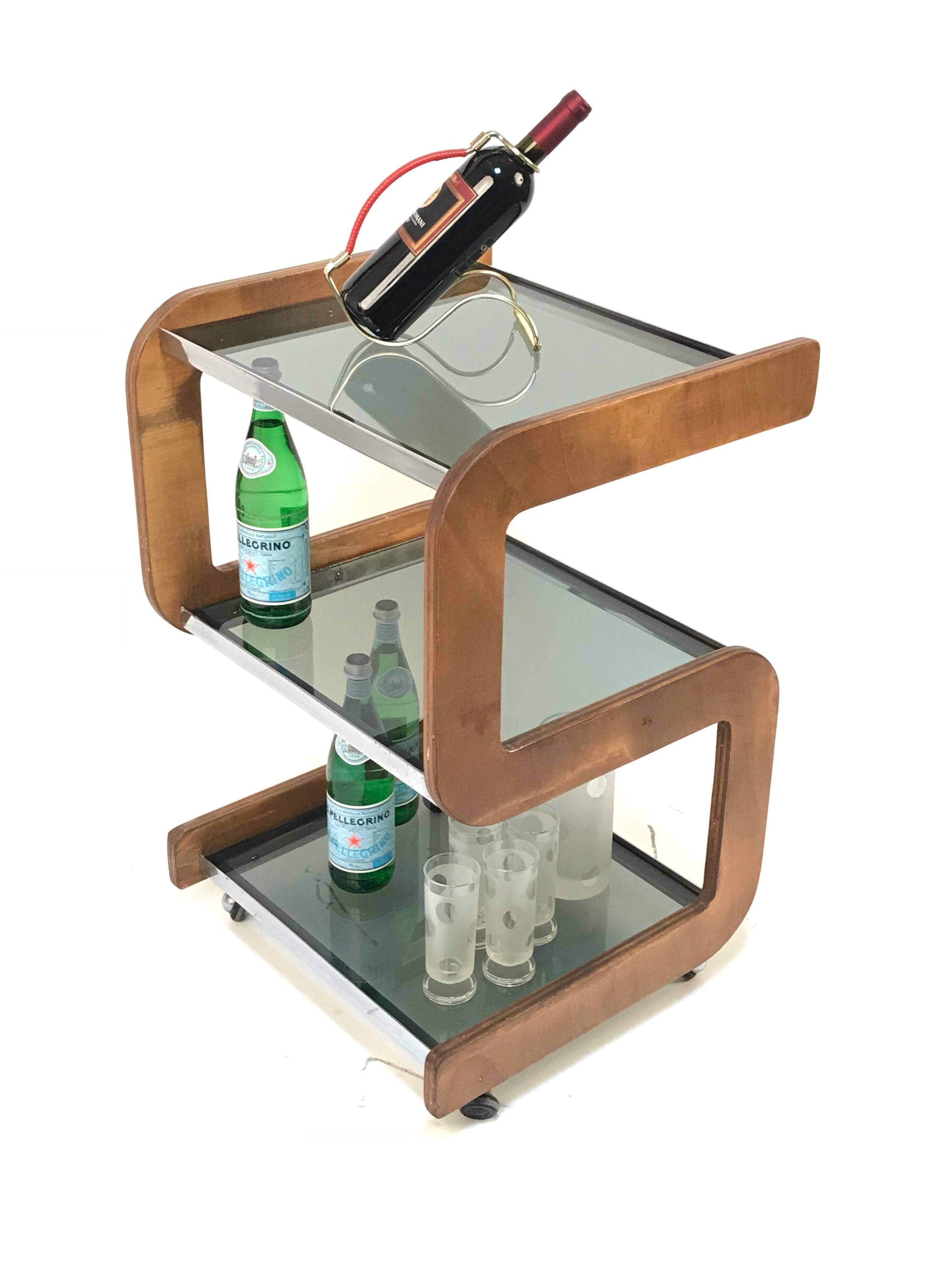 Steel and Wood Italian Bar Trolley with Three Smoked Glass Shelves, 1970s 12