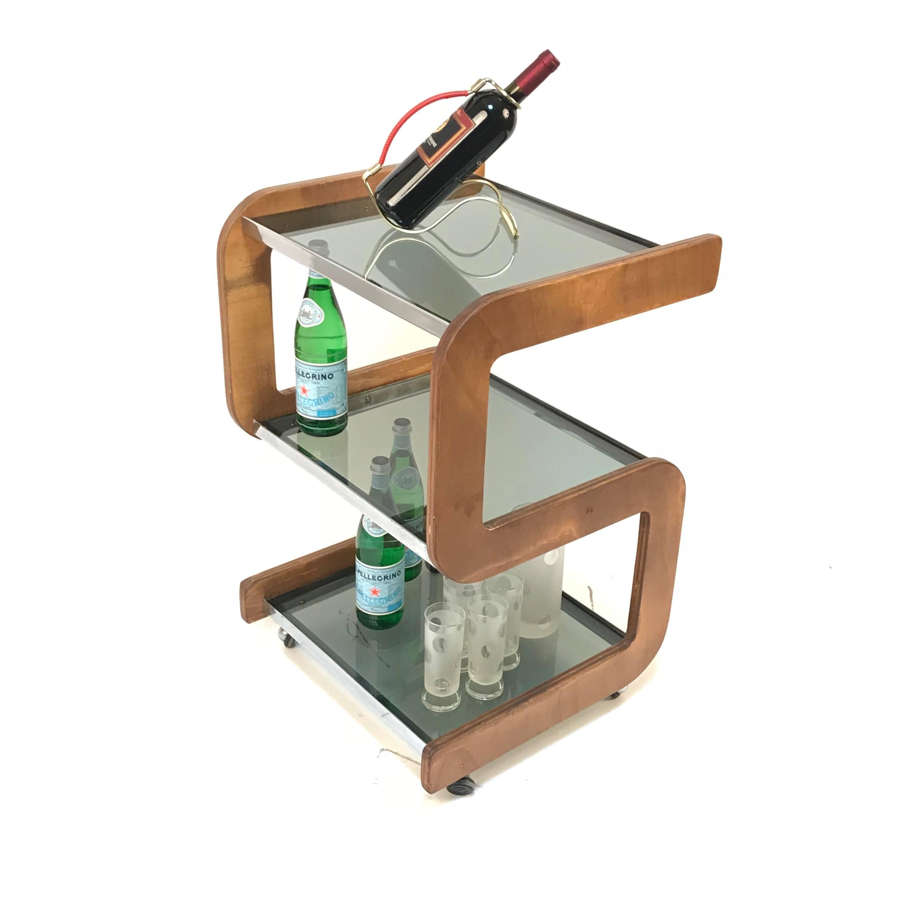 Steel and Wood Italian Bar Trolley with Three Smoked Glass Shelves, 1970s 13