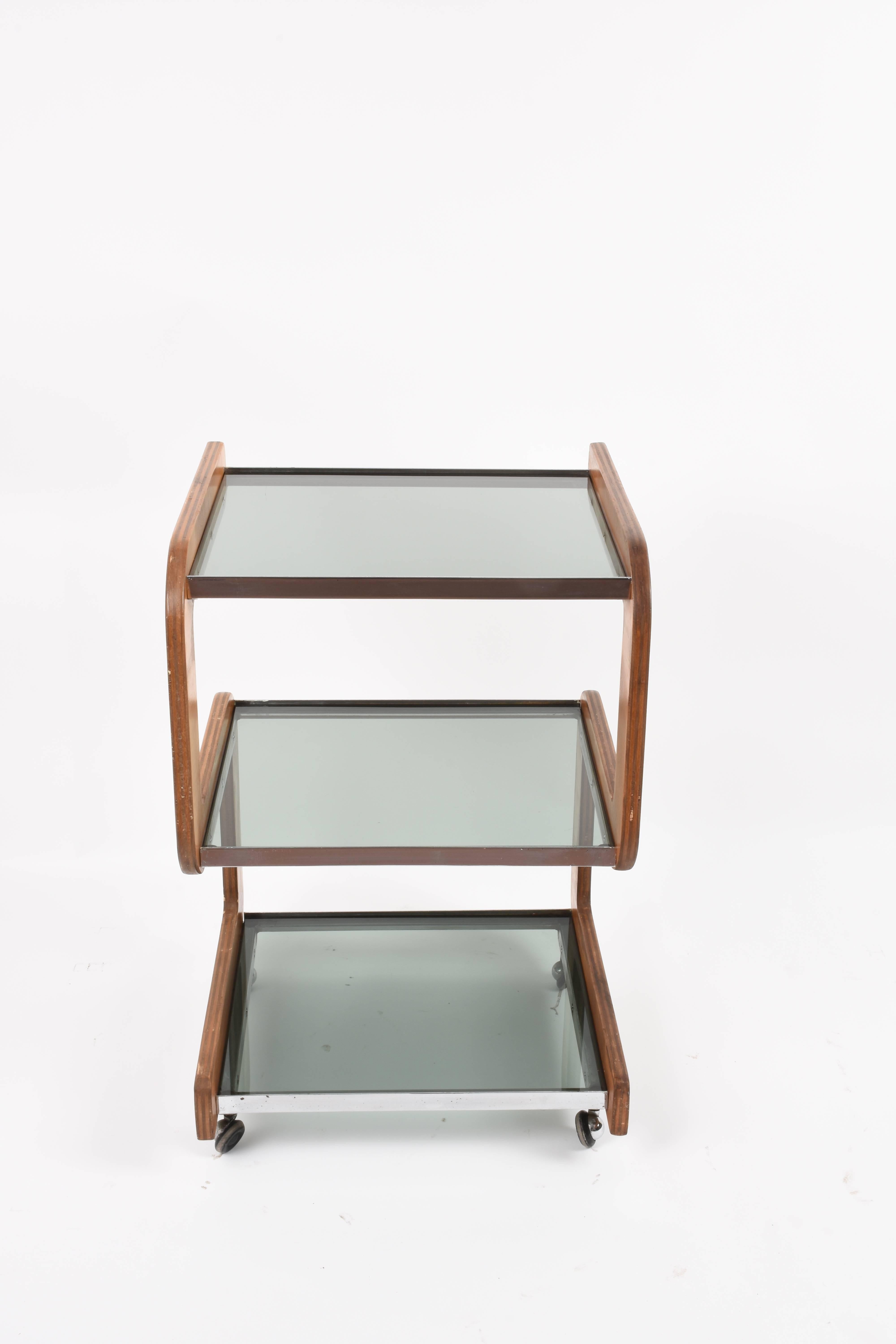 Mid-Century Modern Steel and Wood Italian Bar Trolley with Three Smoked Glass Shelves, 1970s