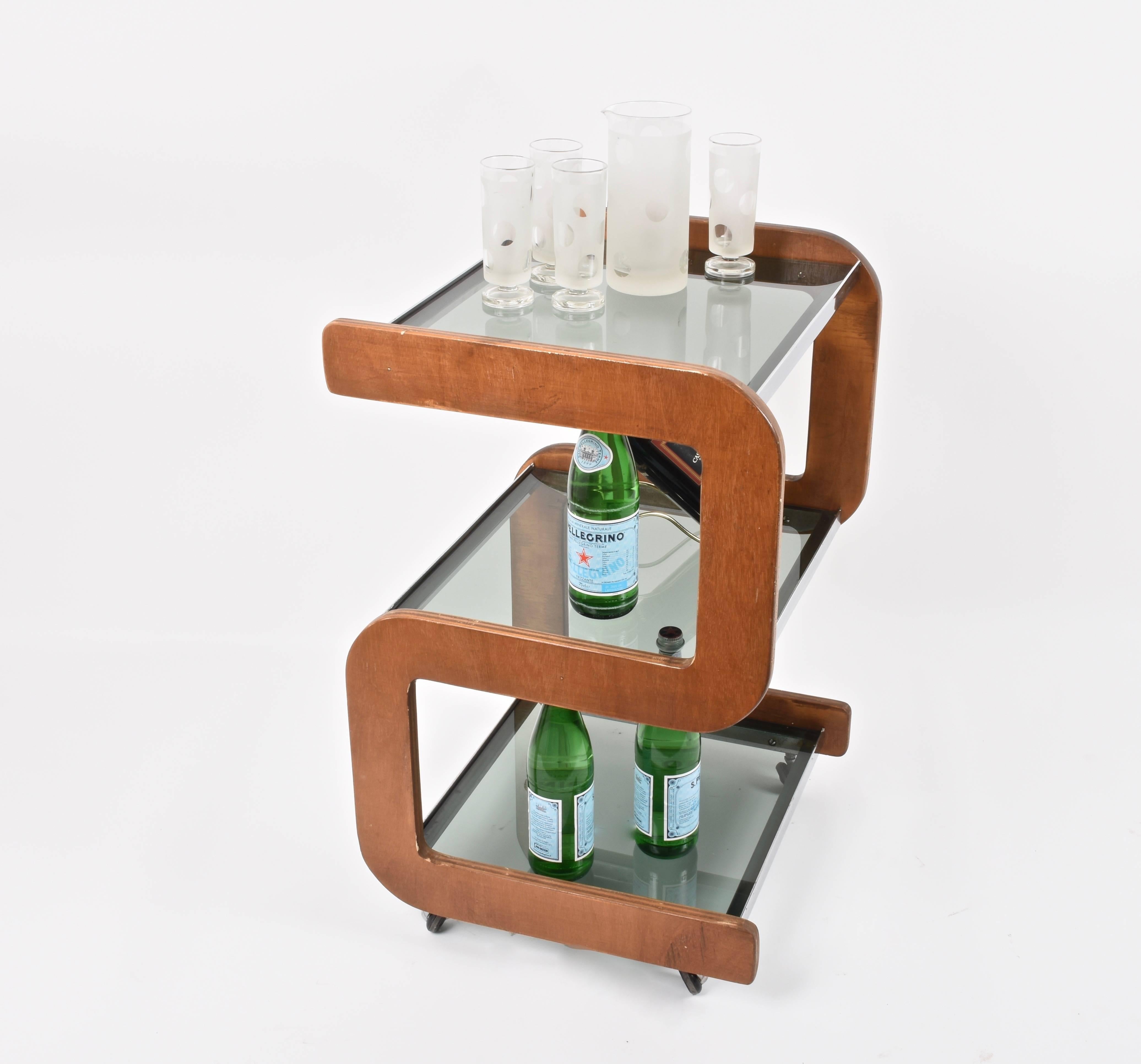 Steel and Wood Italian Bar Trolley with Three Smoked Glass Shelves, 1970s 1