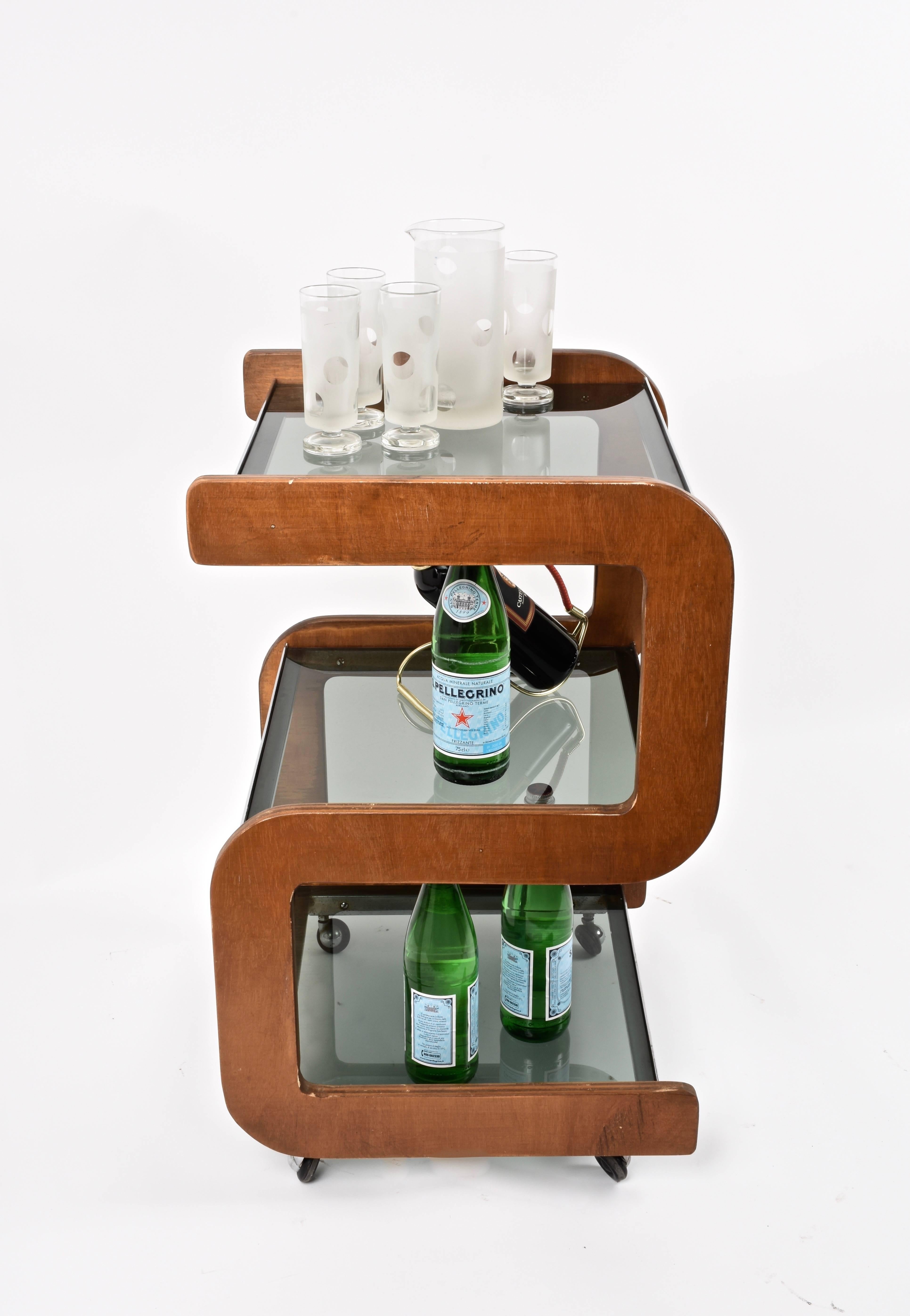 Steel and Wood Italian Bar Trolley with Three Smoked Glass Shelves, 1970s 2