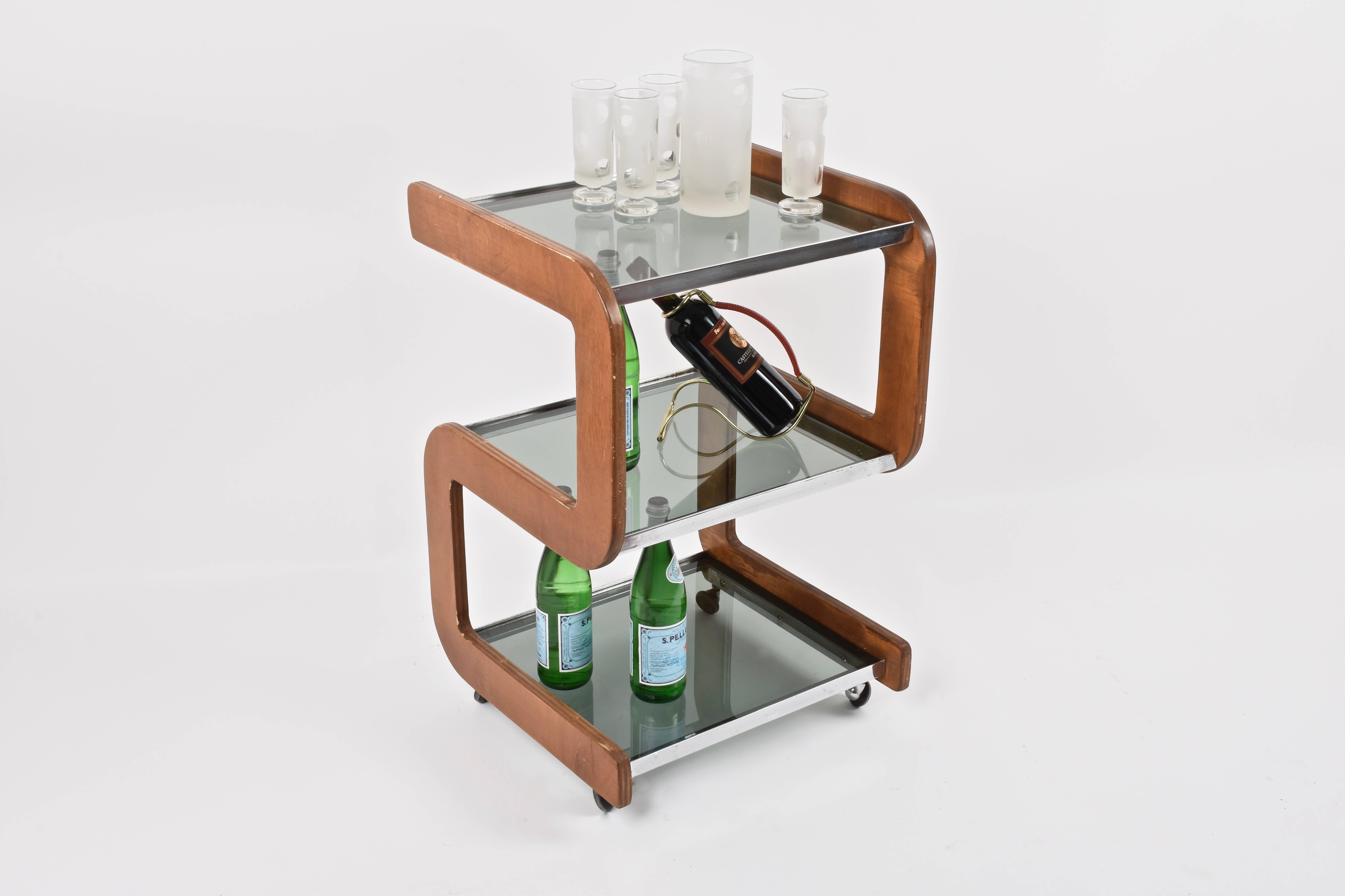 Steel and Wood Italian Bar Trolley with Three Smoked Glass Shelves, 1970s 3