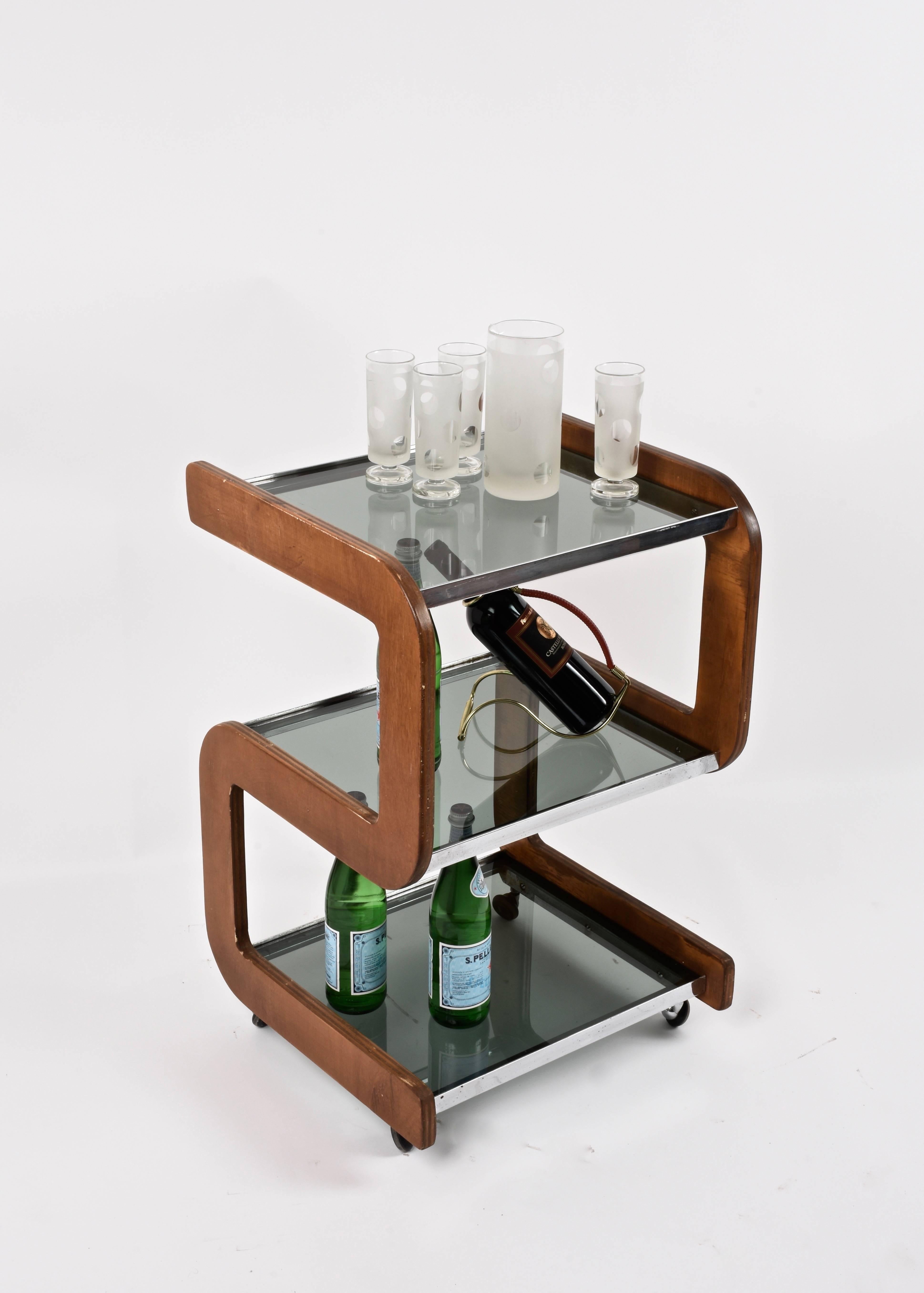 Steel and Wood Italian Bar Trolley with Three Smoked Glass Shelves, 1970s 4