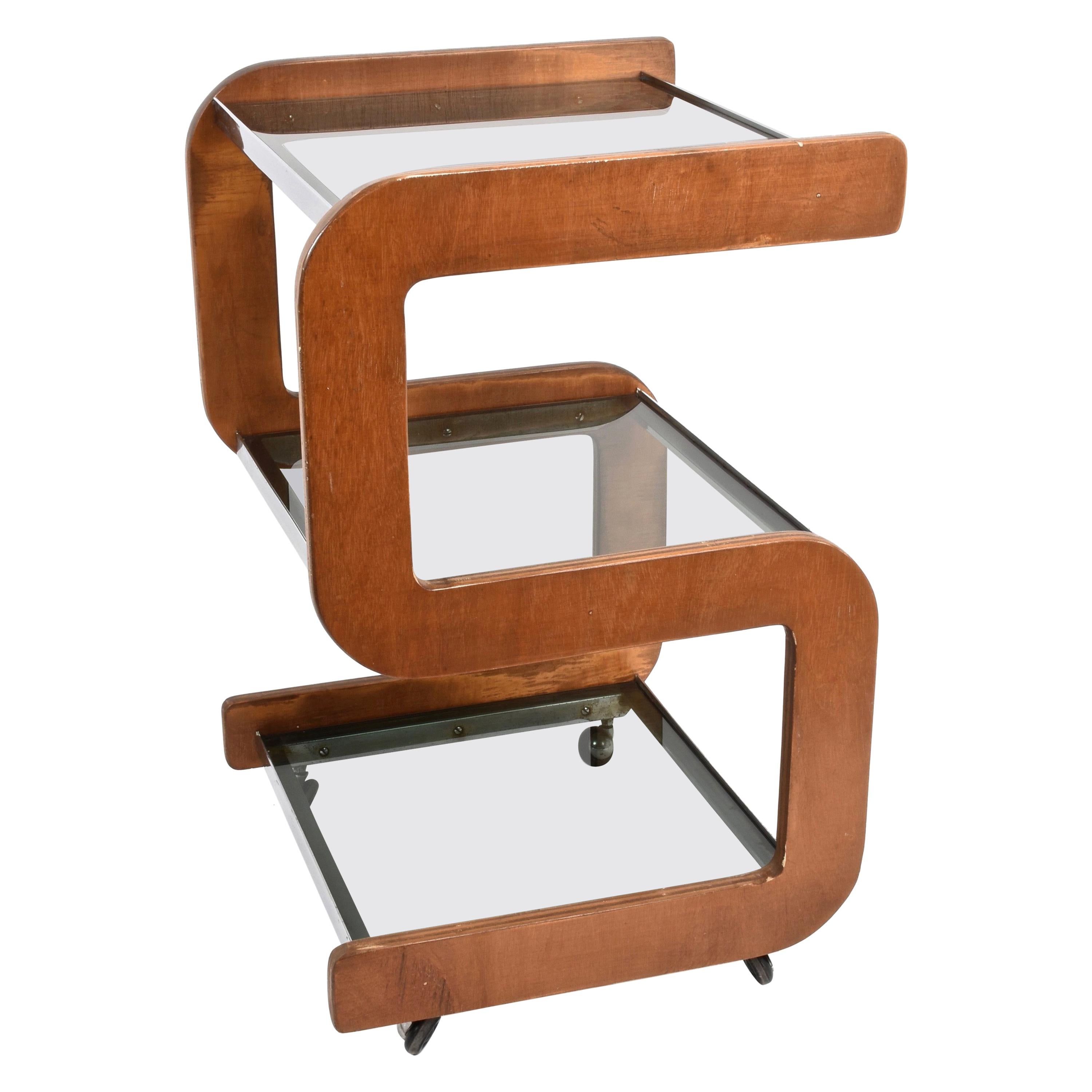 Steel and Wood Italian Bar Trolley with Three Smoked Glass Shelves, 1970s