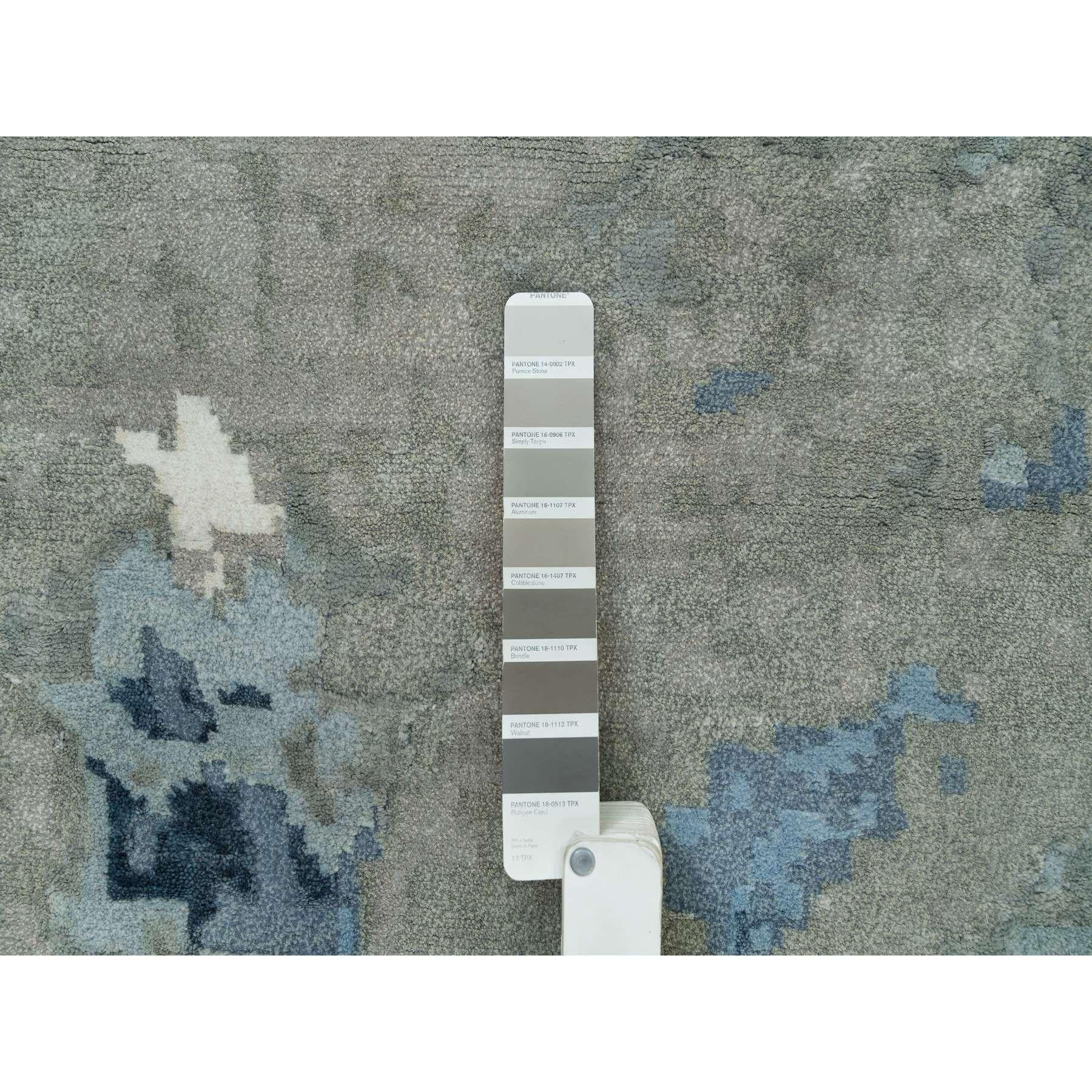 XXI secolo e contemporaneo Tappeto rotondo in lana e seta blu acciaio Galaxy astratto annodato a mano 11'10