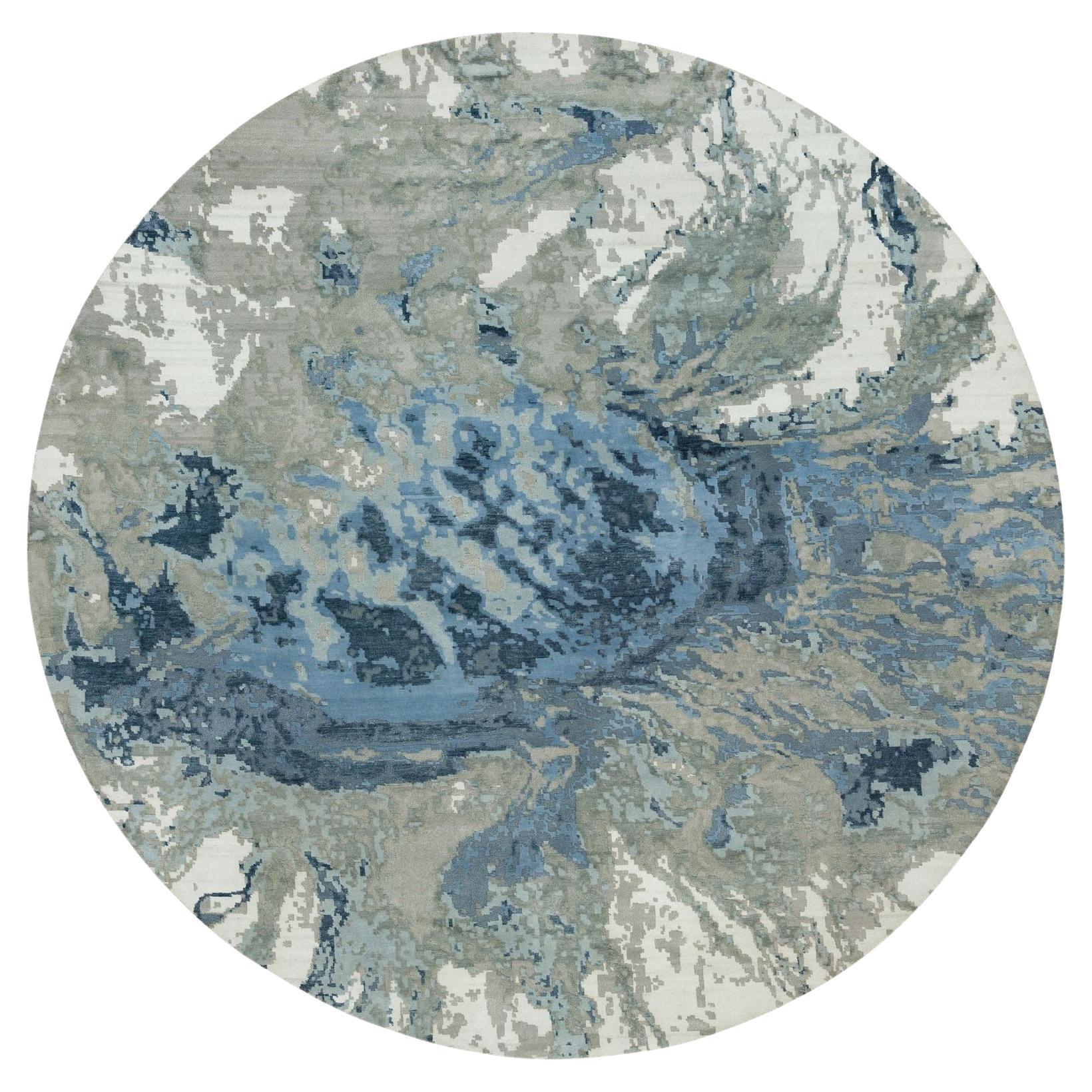 Steel Blue Abstract Galaxy Wool and Silk Hand Knotted Round Rug 11'10" x 11'10"