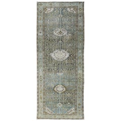 Steel Blue and Green Accents Antique Persian Malayer Runner 
Geometric Motifs