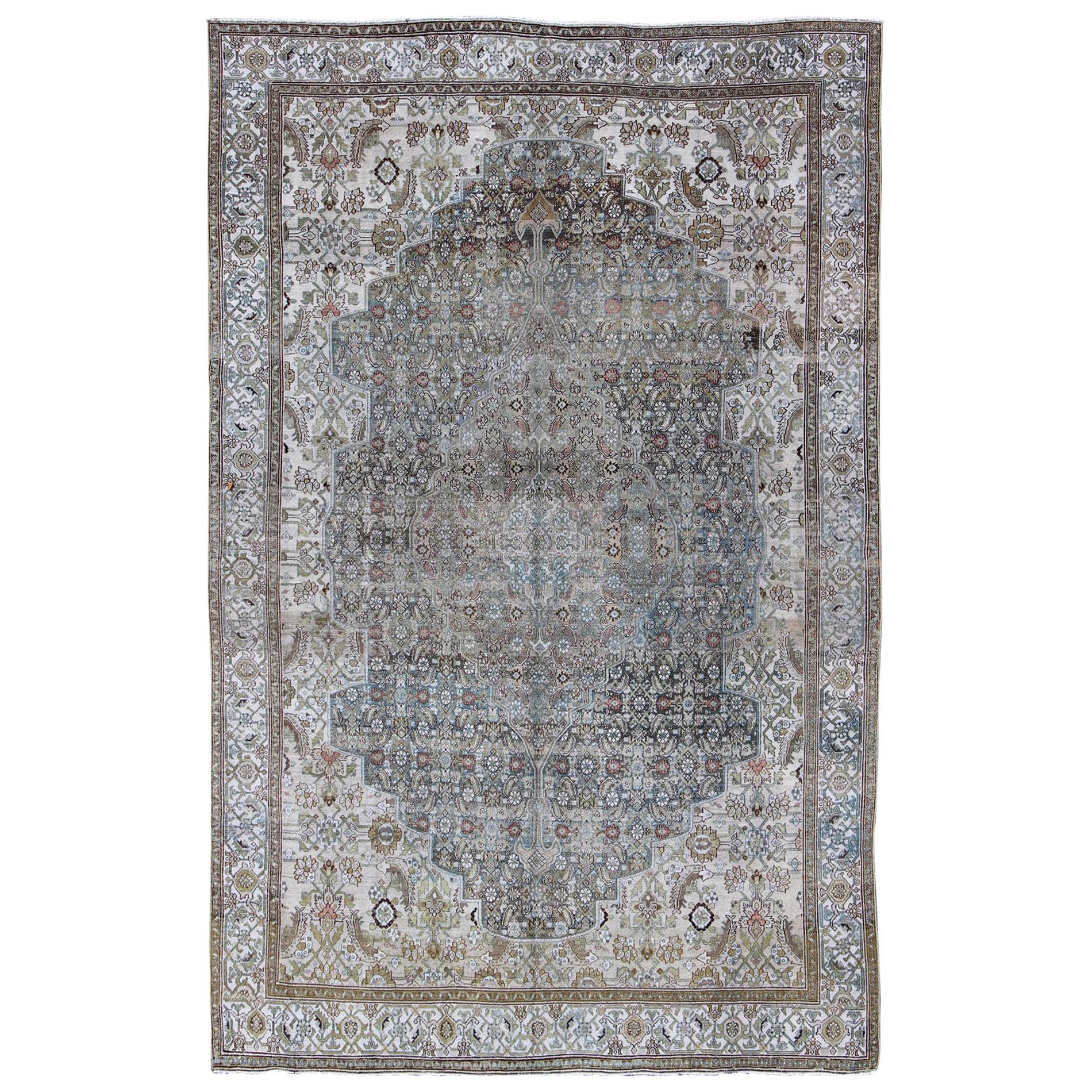 Steel Blue and Taupe Antique Persian Malayer Rug with Medallion Design