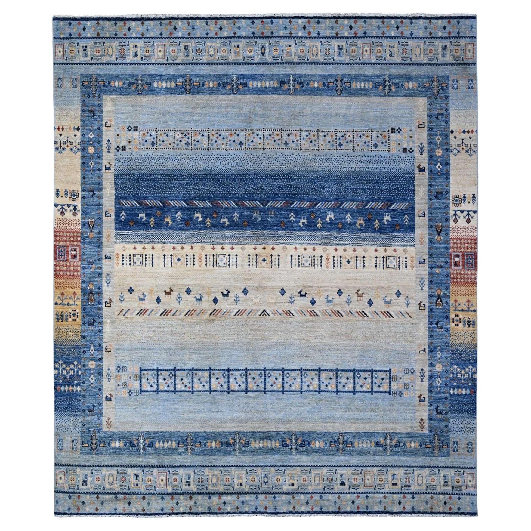 Steel Blue Fine Kashkuli Gabbeh Hand Knotted Pure Wool Oriental Rug 8'3" x 9'6"