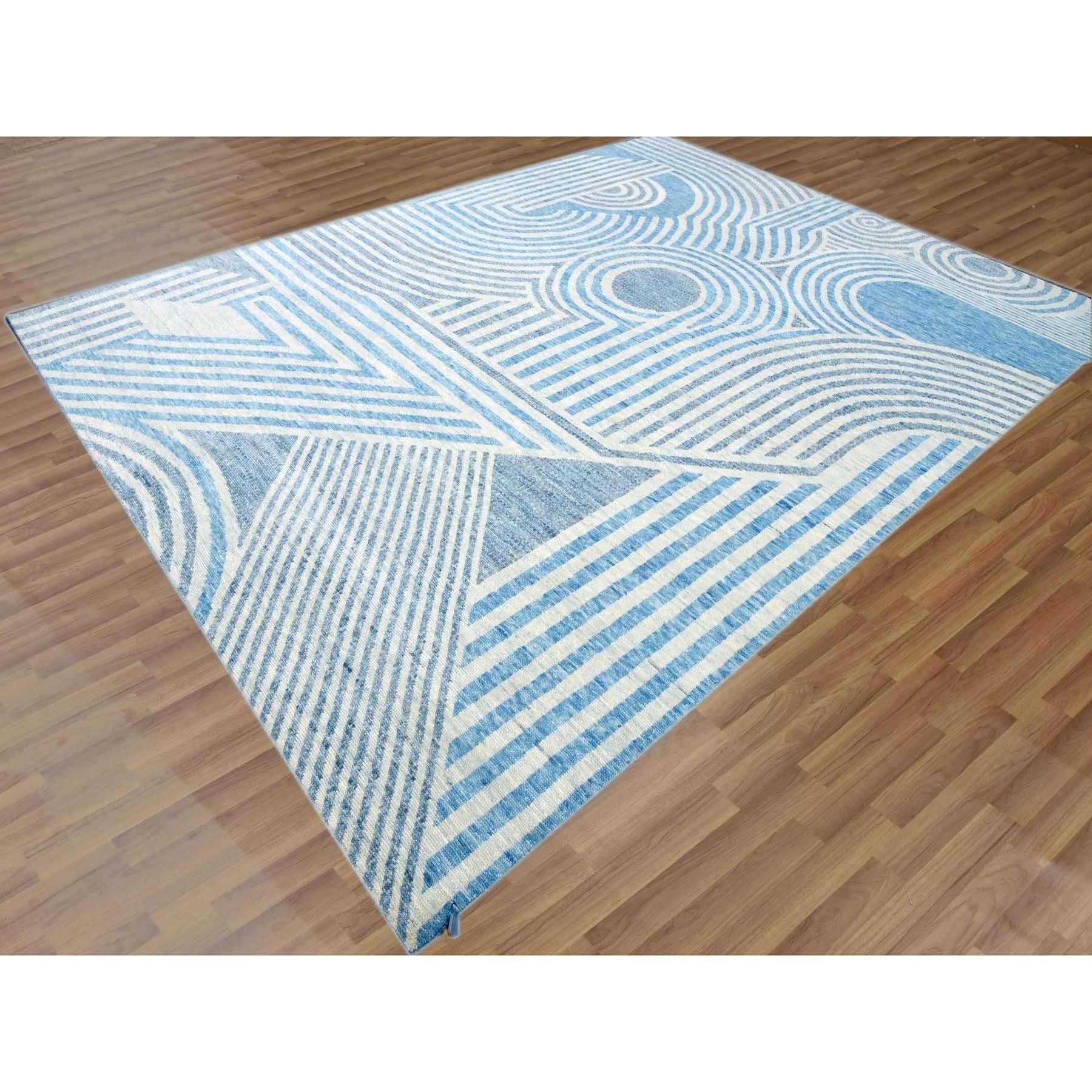 Indian Steel Blue Hand Knotted Geometric Art Deco Collection Pure Wool Rug 9'0