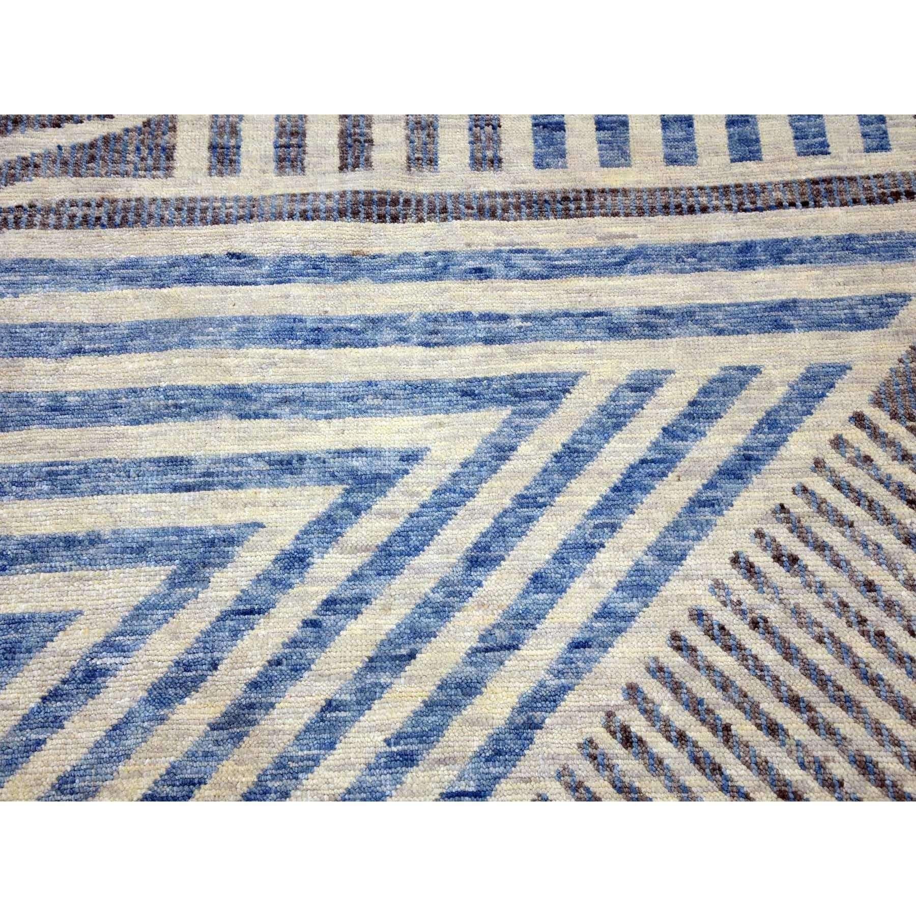 Steel Blue Hand Knotted Geometric Art Deco Collection Pure Wool Rug 9'0