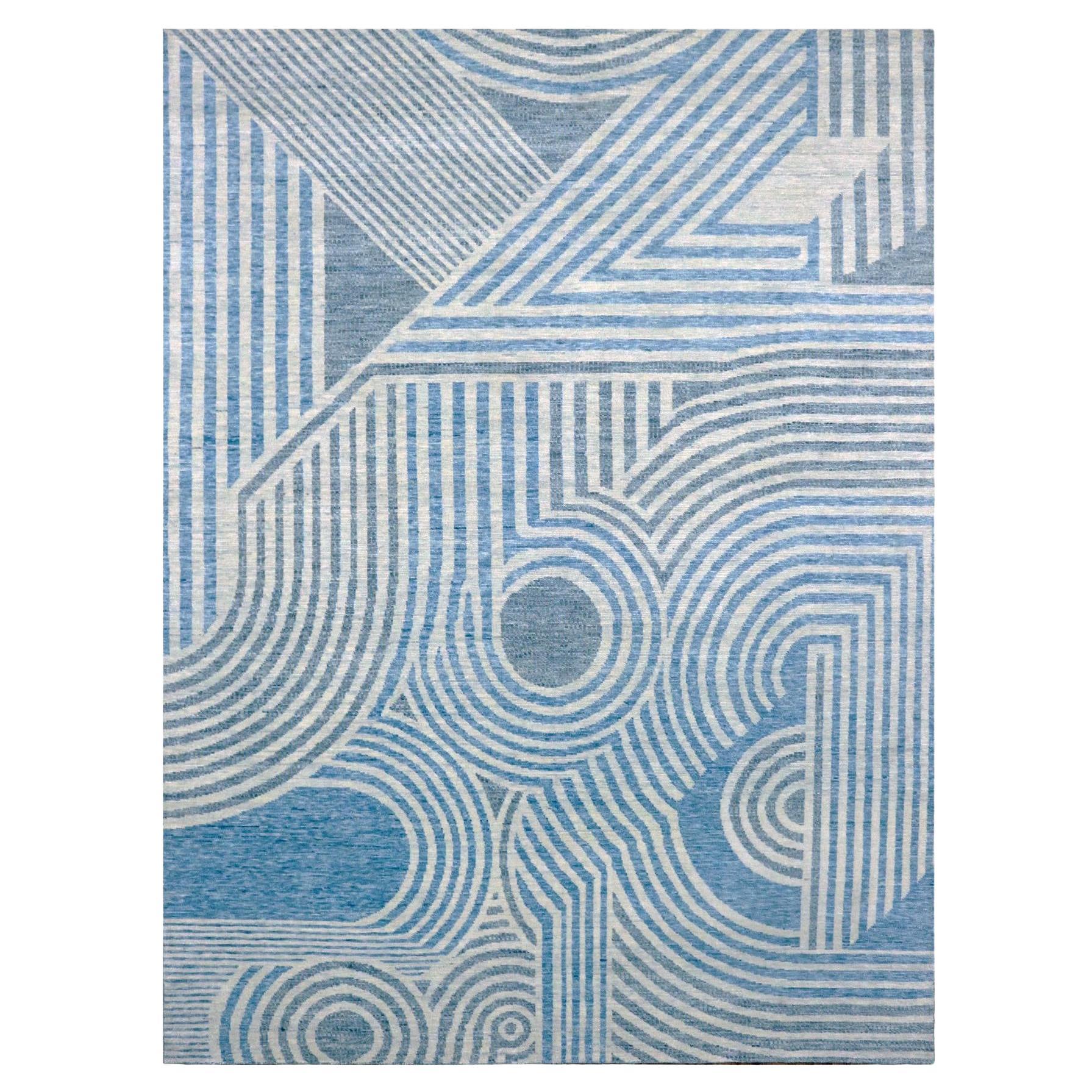 Steel Blue Hand Knotted Geometric Art Deco Collection Pure Wool Rug 9'0" x 12'0" For Sale