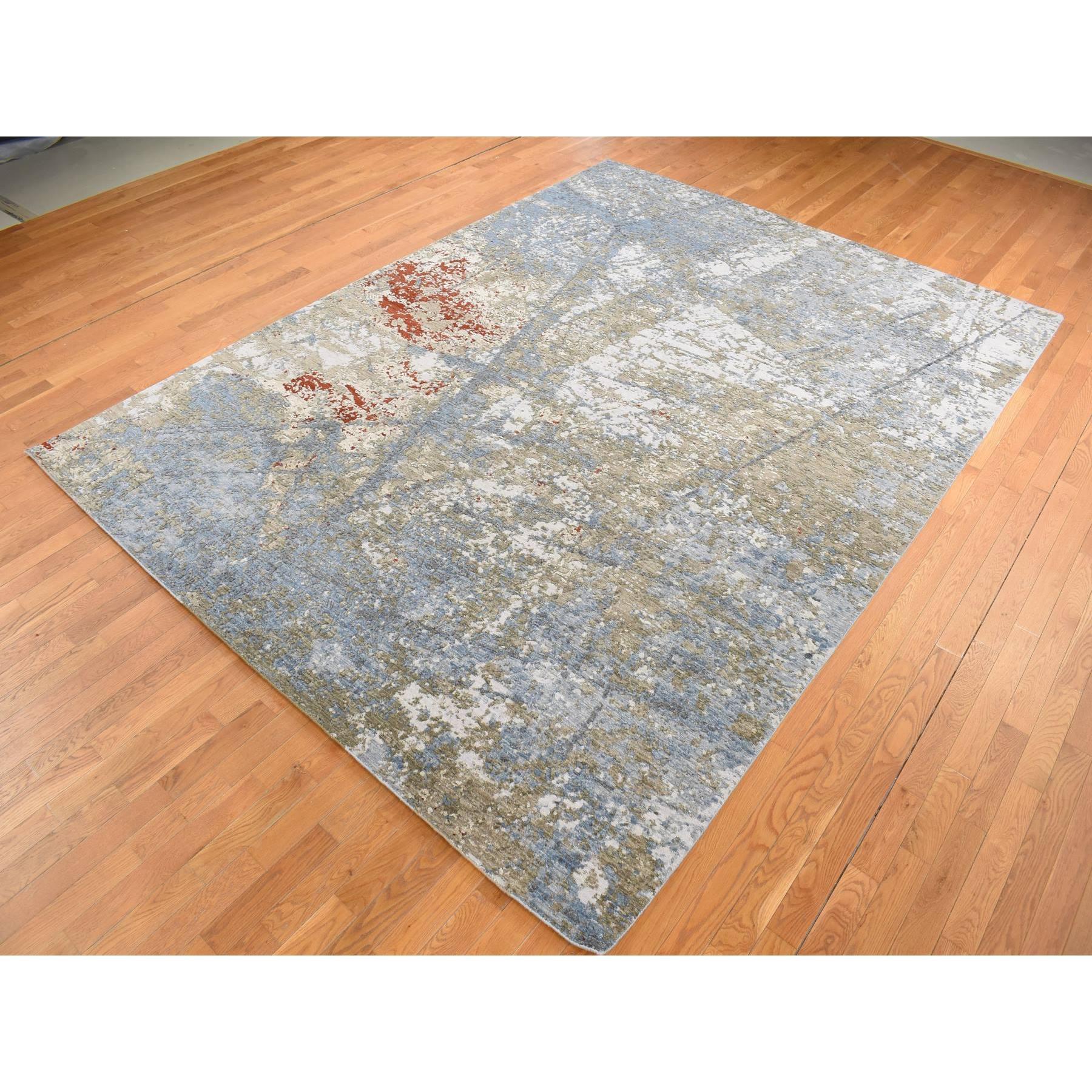 Handgeknüpfter orientalischer Teppich aus 100 % Wolle in Stahlblau mit abstraktem Galaxy-Design (Moderne) im Angebot
