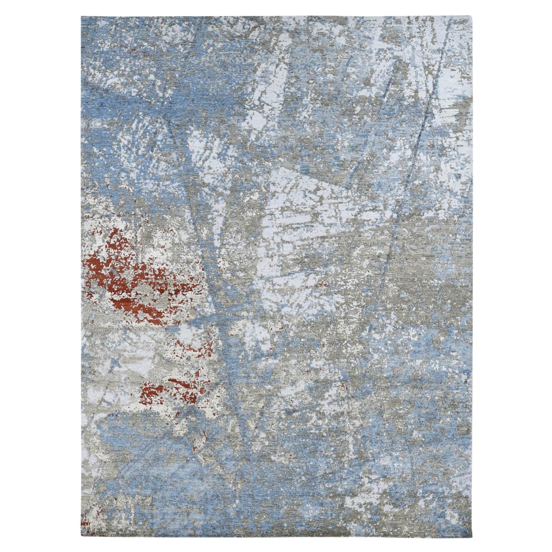 Tapis oriental moderne abstrait Galaxy Design noué à la main 100 % laine bleu acier