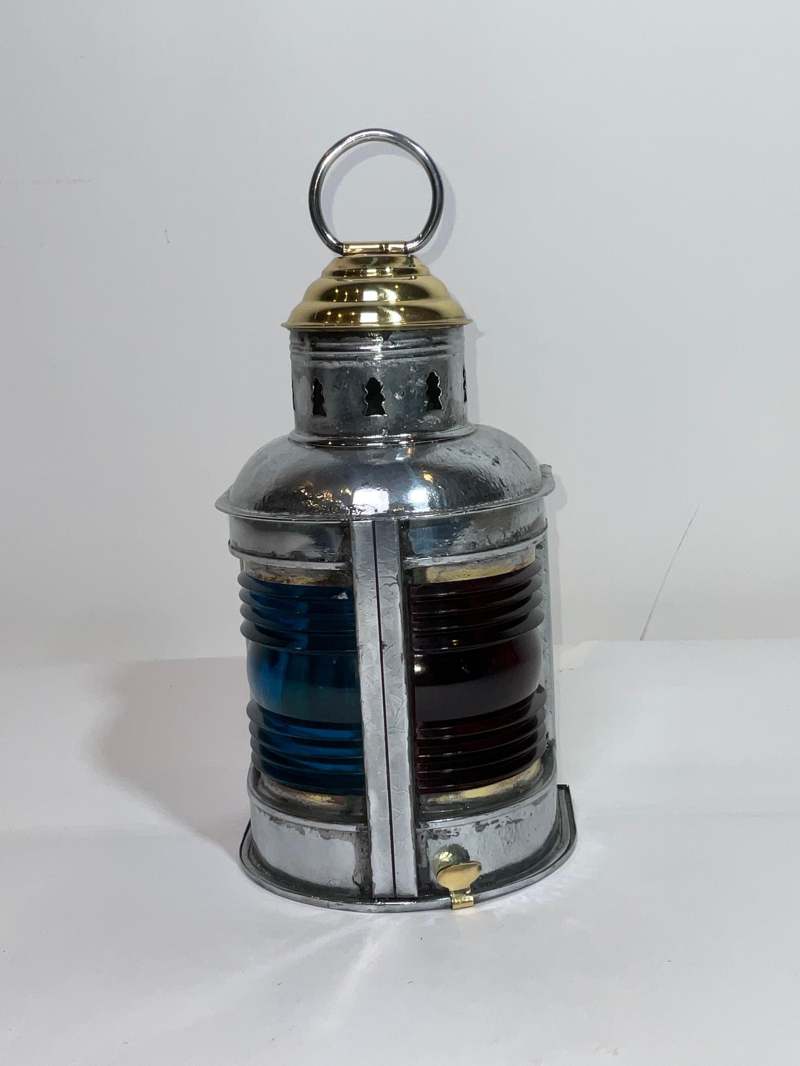 North American Steel Boat Lantern with Brass Top For Sale