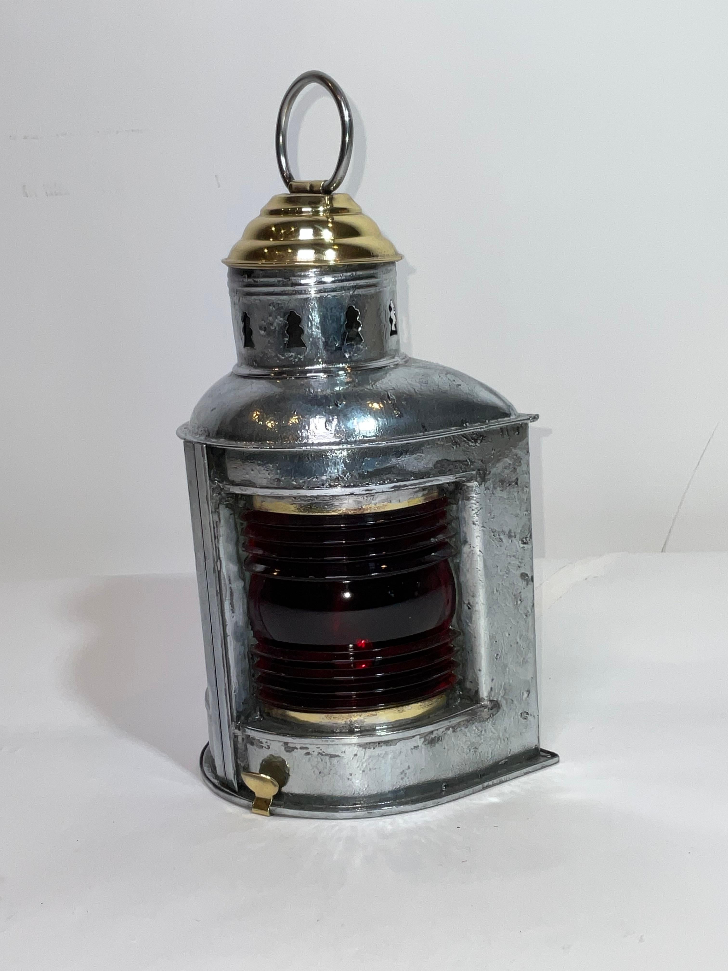 Steel Boat Lantern with Brass Top In Good Condition For Sale In Norwell, MA
