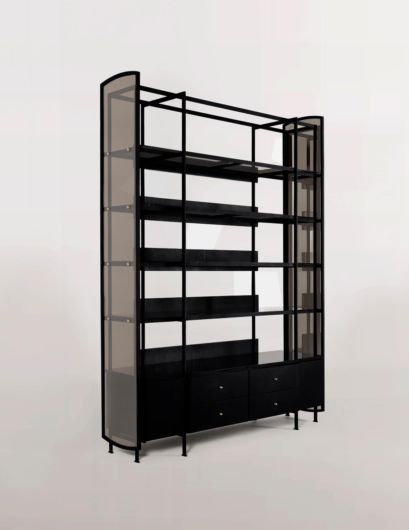 Mexican Steel Bookshelf Cabinet w/ Hardwood, Marble, Bronze Glass and Brass by VIDIVIXI