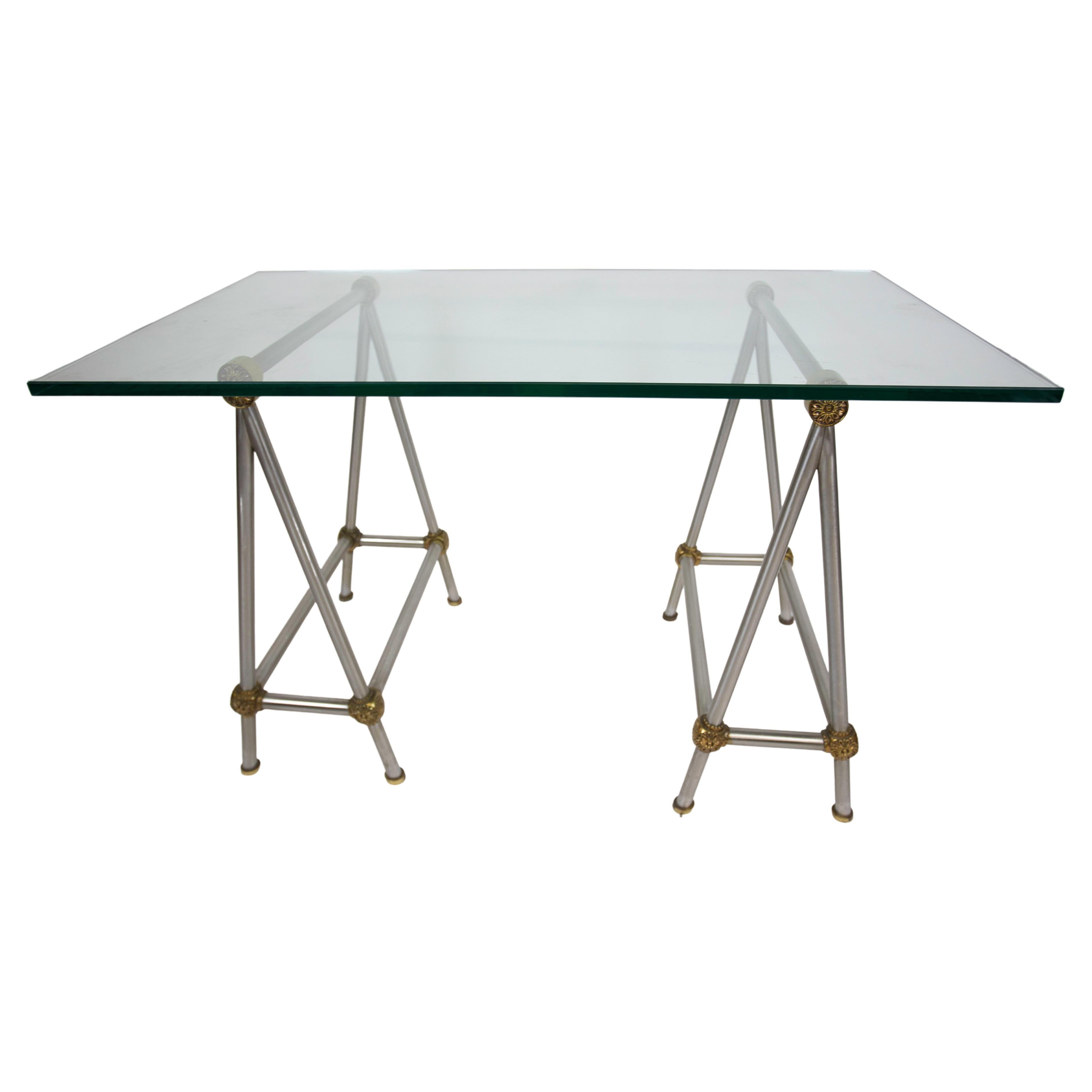 Steel, Brass and Glass Campaign Style Desk/Table For Sale