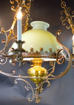 Steel Brass and Glass Oil Light Chandelier in the Spanish Style