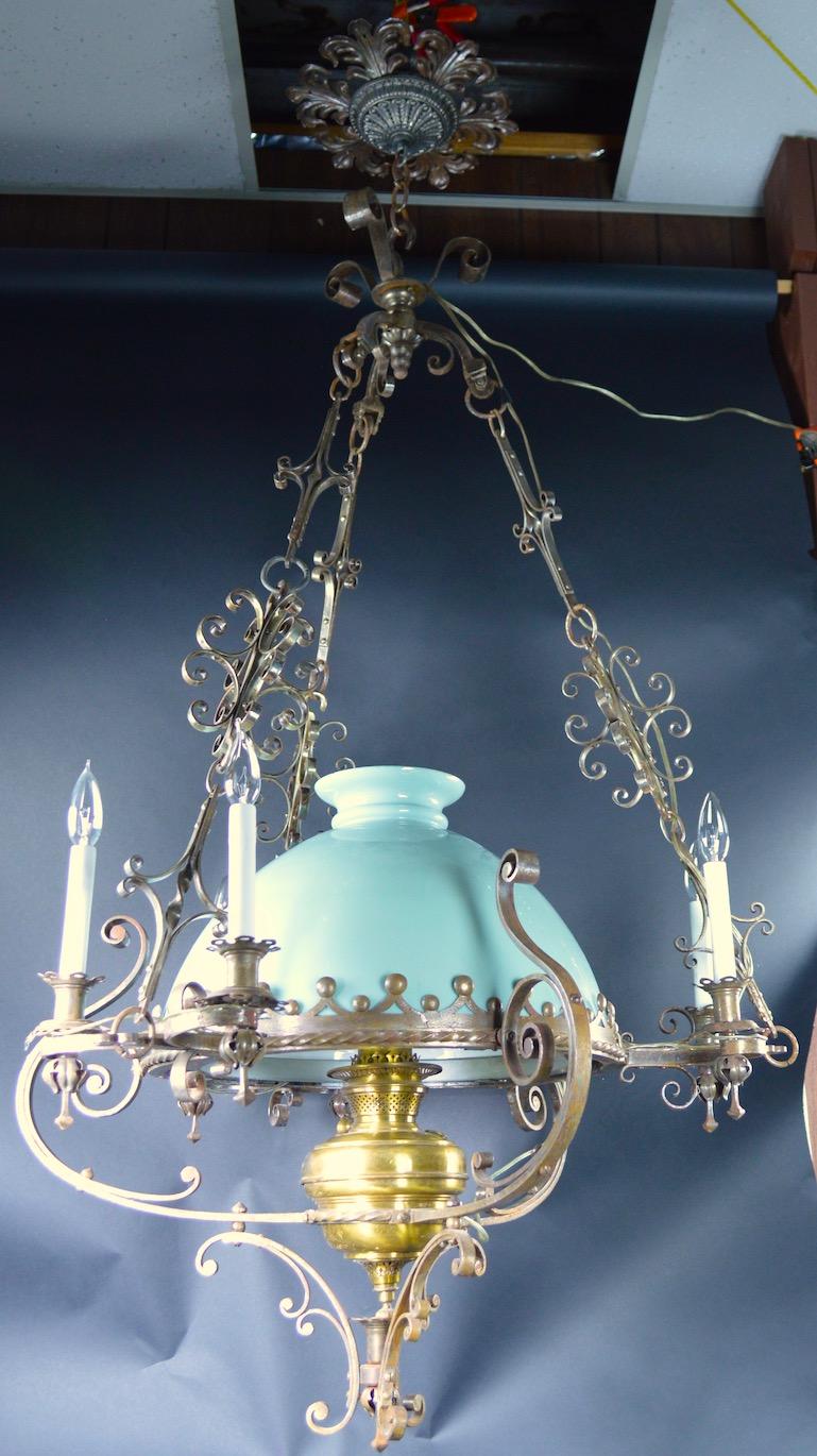 19th Century Steel Brass and Glass Oil Light Chandelier in the Spanish Style For Sale