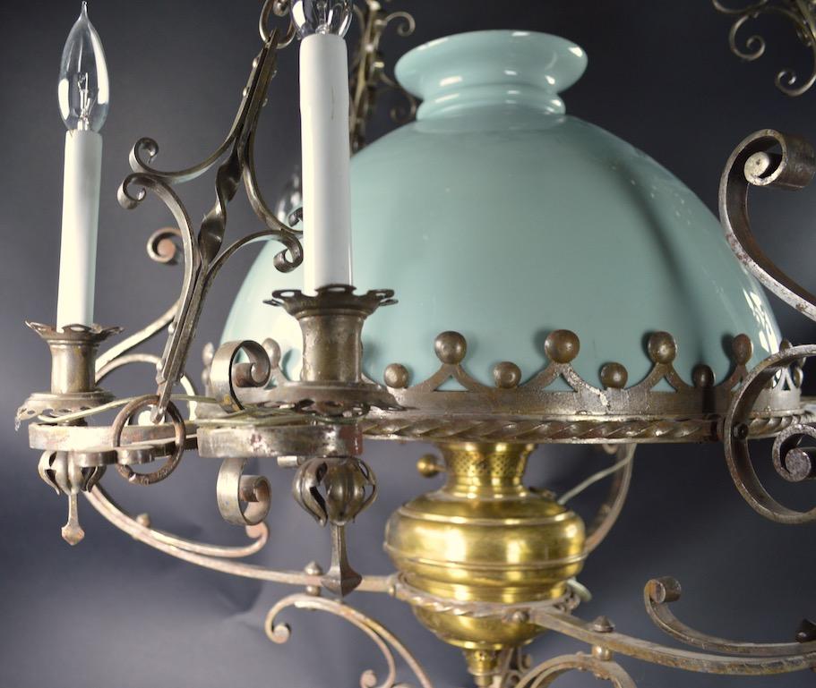 Steel Brass and Glass Oil Light Chandelier in the Spanish Style For Sale 1