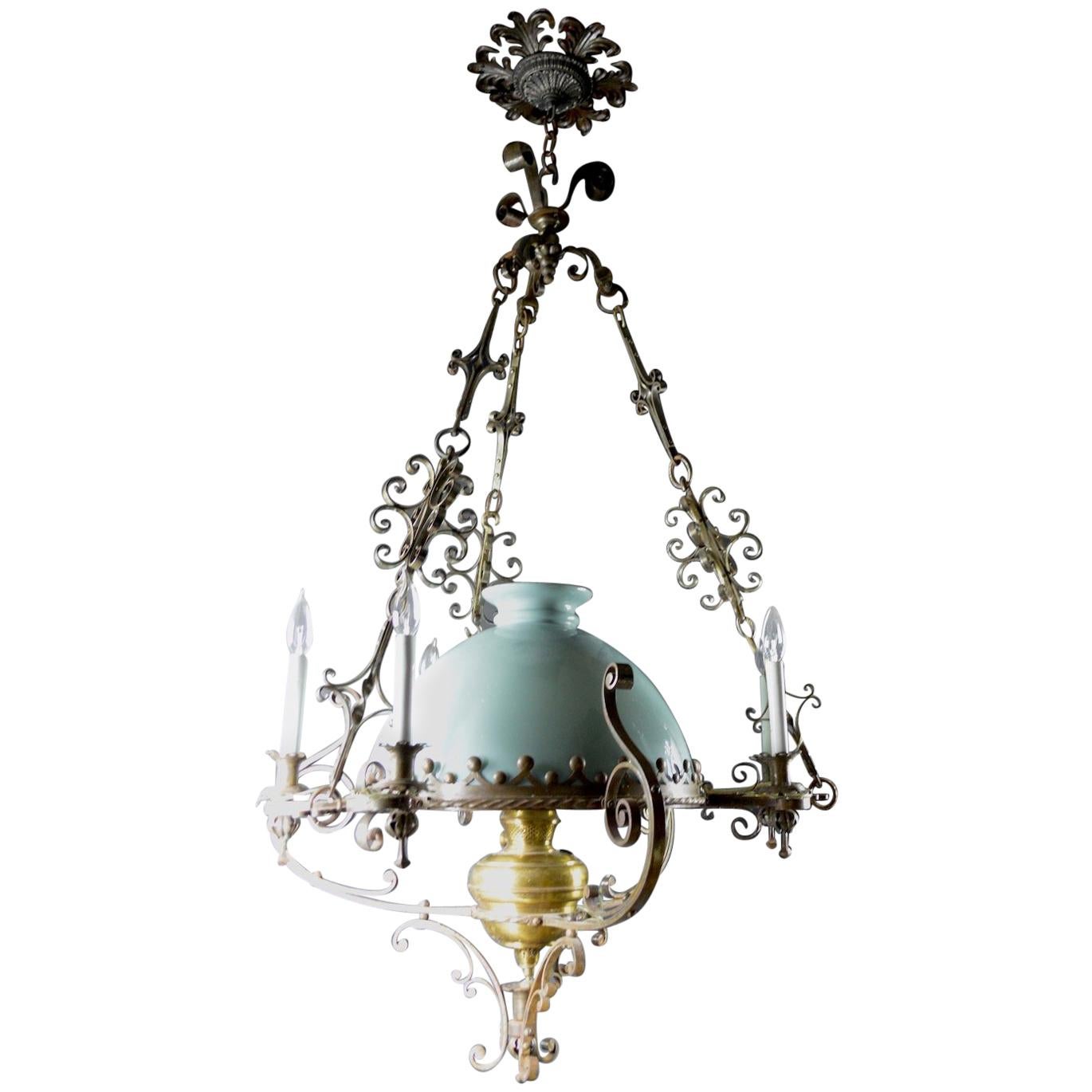 Steel Brass and Glass Oil Light Chandelier in the Spanish Style For Sale