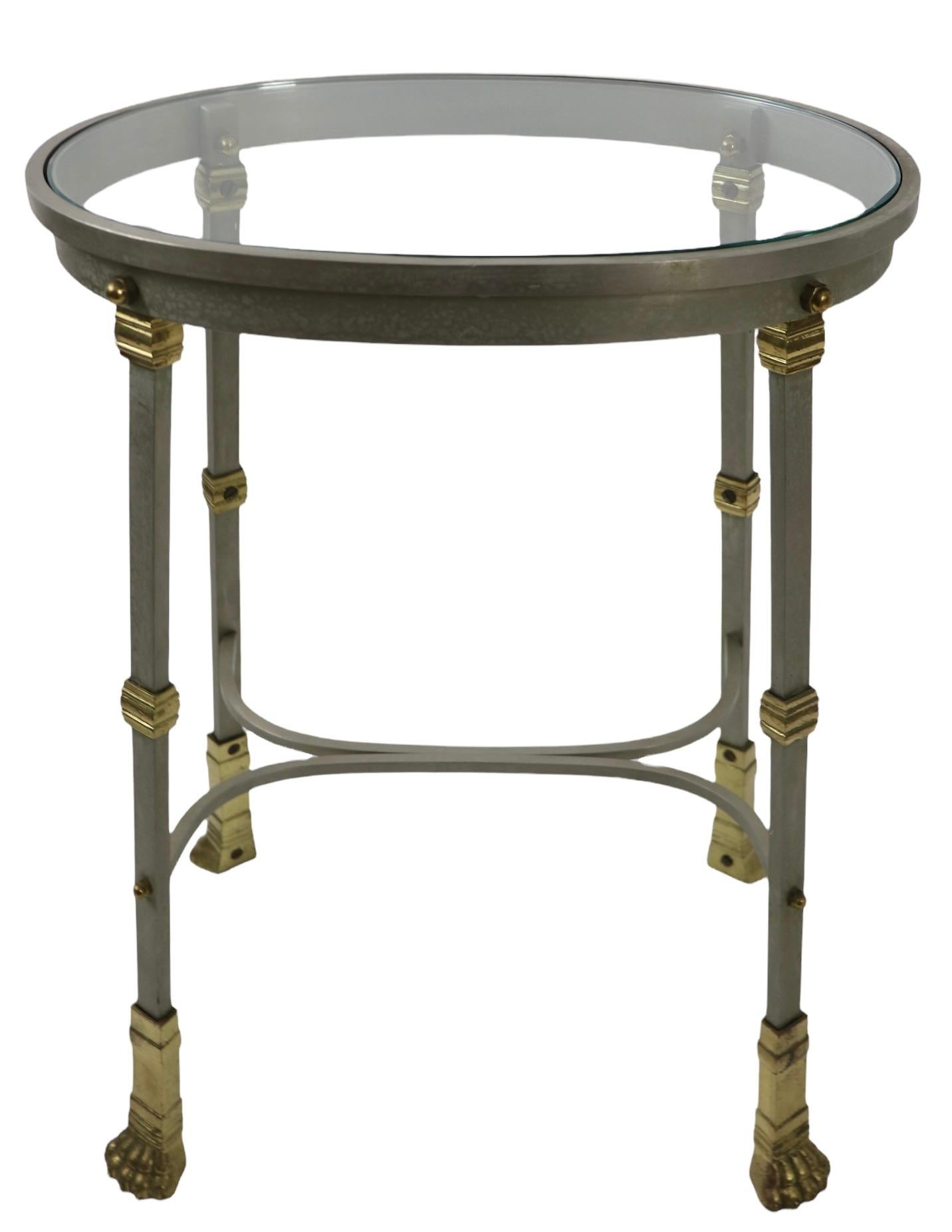 French Steel Brass and Glass Pedestal Side Table Made in France After Maison Jansen