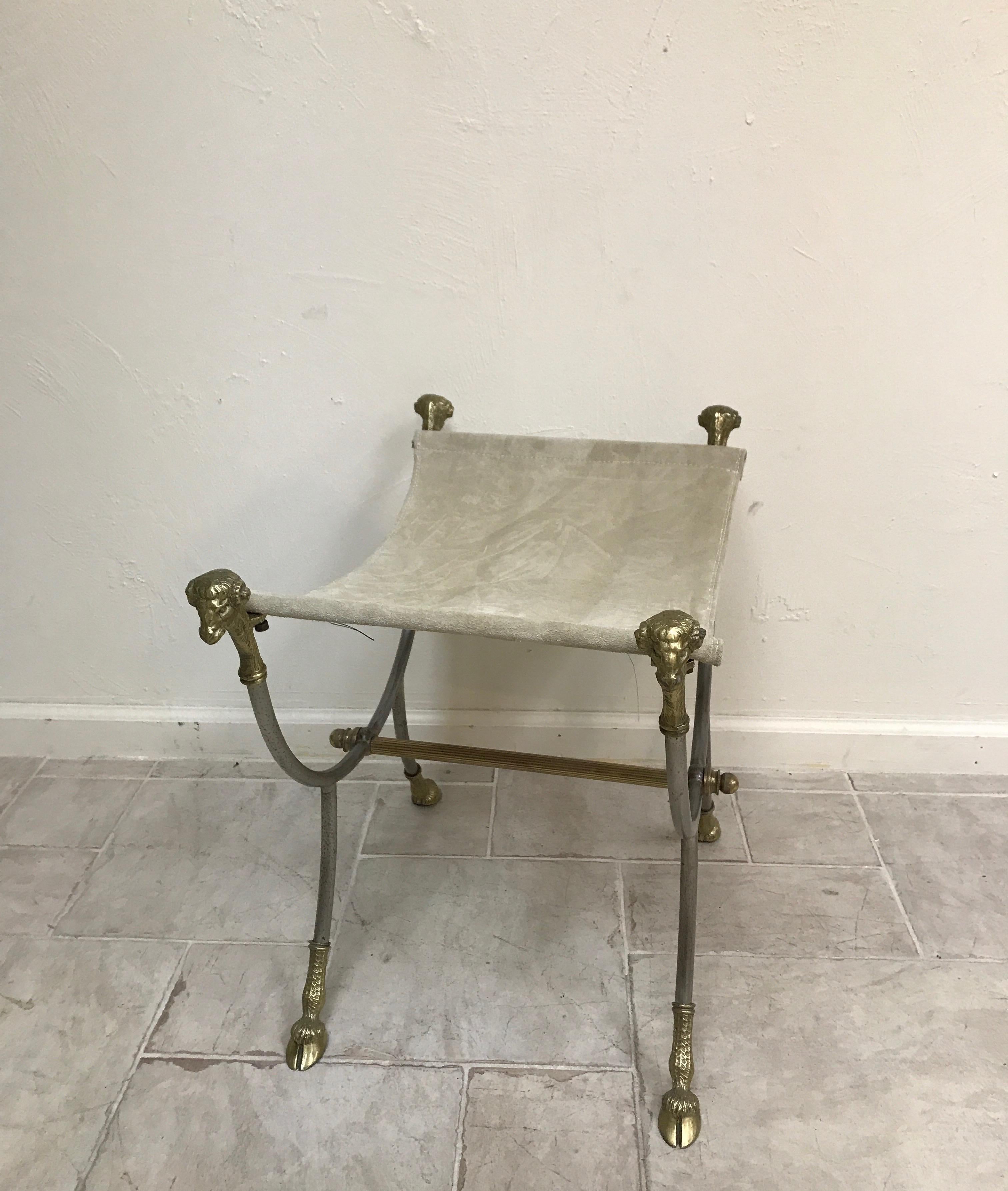 French Steel and Brass Ram's Head Neoclassical Stool by Jansen