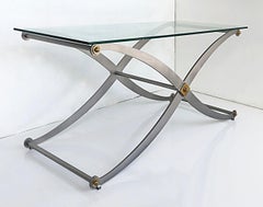 Steel / Brass X-Frame Sabre Leg Console Table with Glass Top