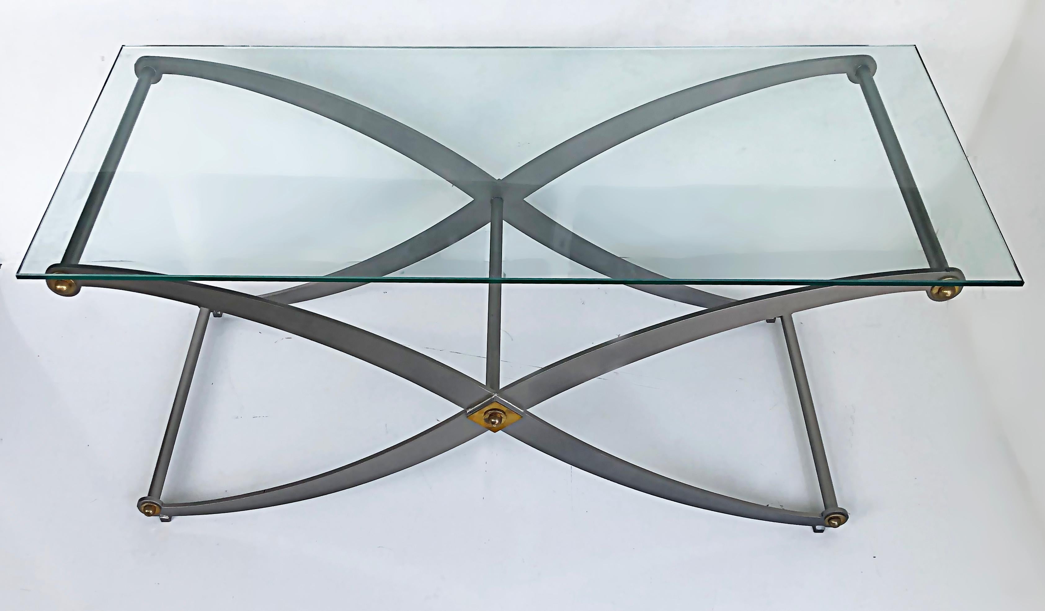 Modern Steel / Brass X-Frame Sabre Leg Console Table with Glass Top For Sale