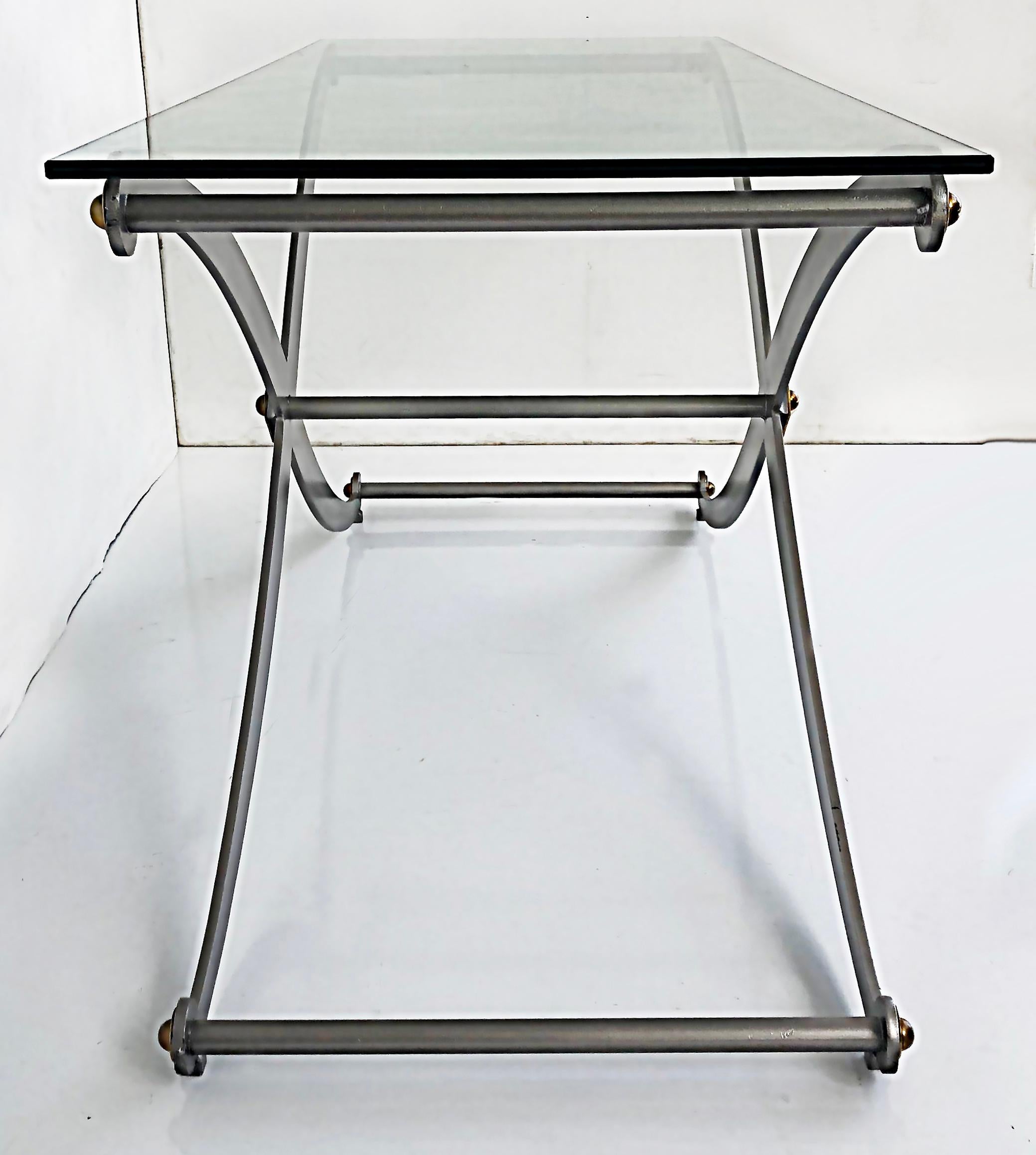 American Steel / Brass X-Frame Sabre Leg Console Table with Glass Top For Sale