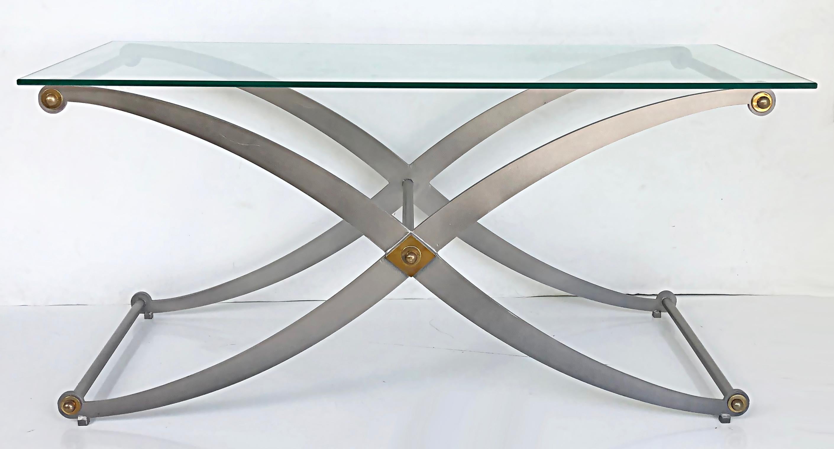 Steel / Brass X-Frame Sabre Leg Console Table with Glass Top In Good Condition For Sale In Miami, FL