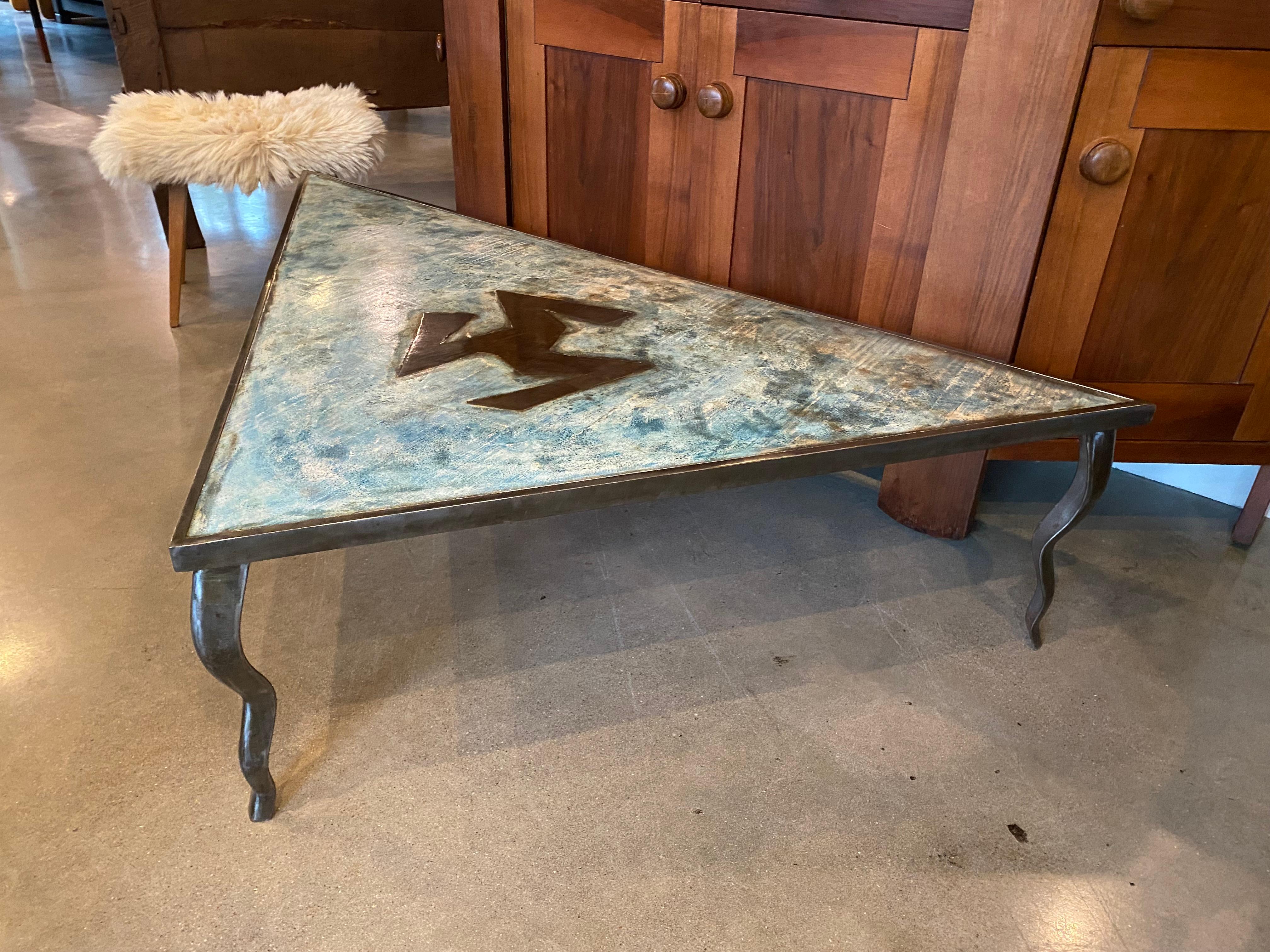 Post-Modern Steel / Bronze and Aqua Blue Triangle Cocktail Table, 1980's