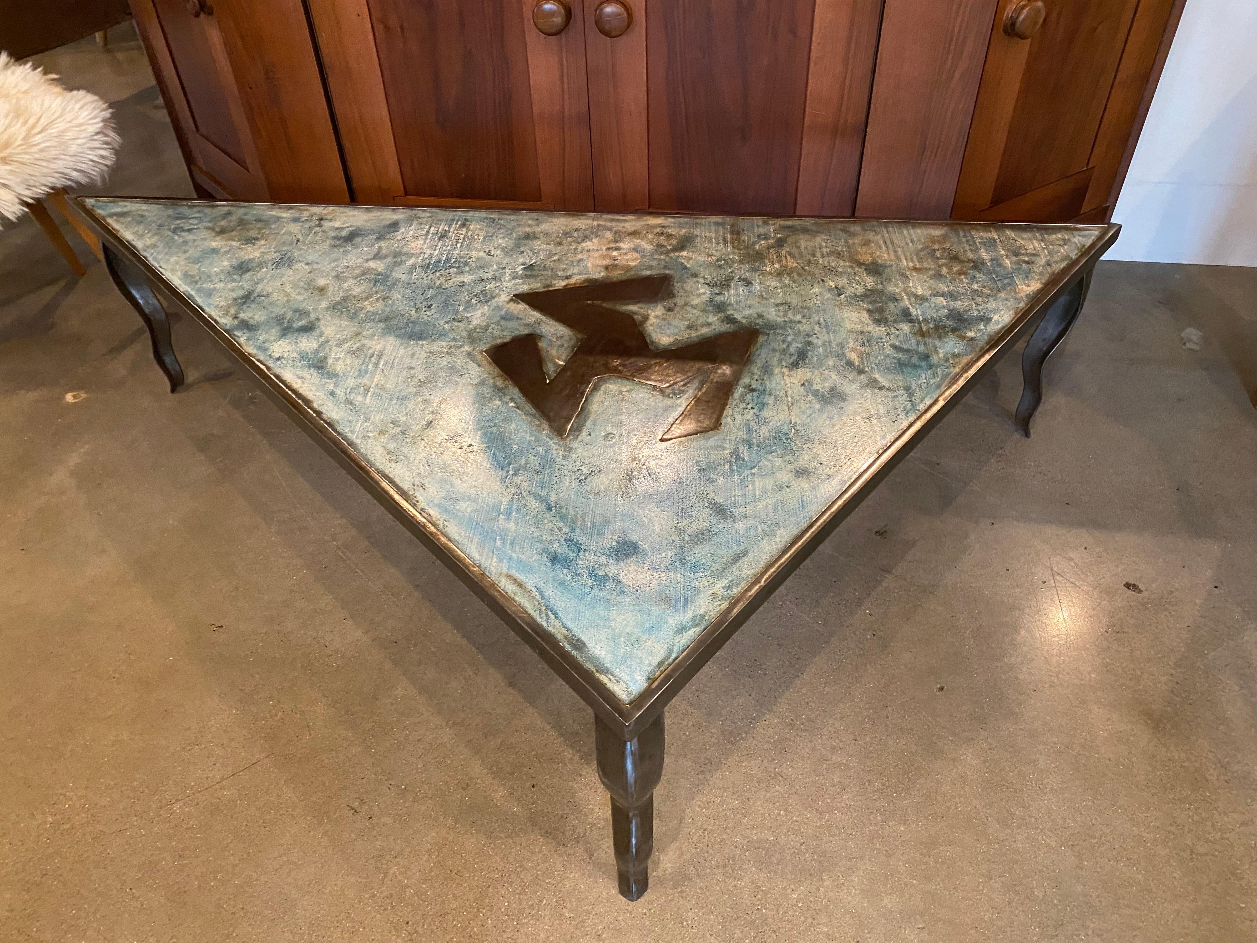 French Steel / Bronze and Aqua Blue Triangle Cocktail Table, 1980's